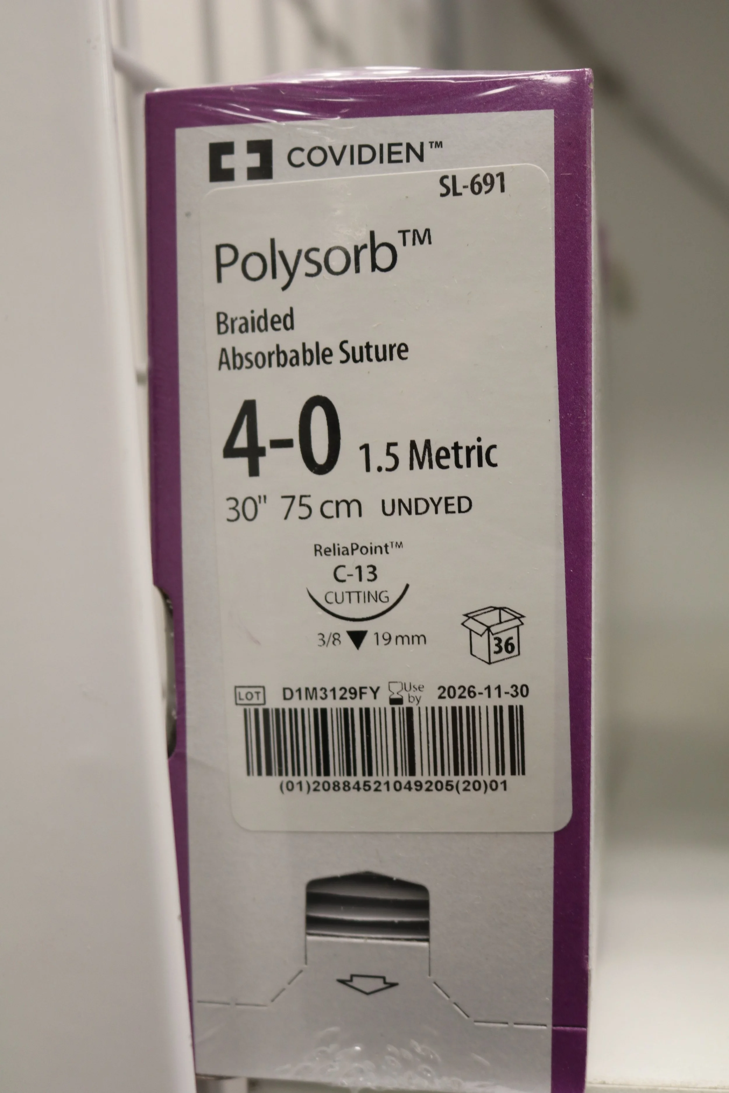 COVIDIEN | SL-691 | PACK of 36/pc | Polysorb Braided Absorbable Suture 4-0 1.5 Metric 30" 75cm UNDYED