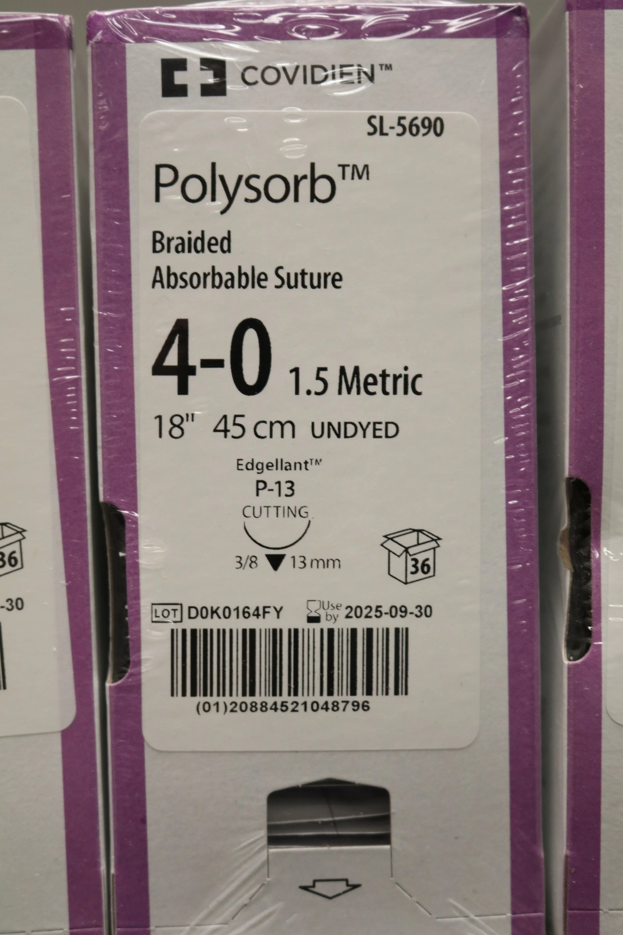 COVIDIEN | SL-5690 | PACK of 36/pc | Polysorb Braided Absorbable Suture 4-0 1.5 Metric 18" 45cm UNDYED