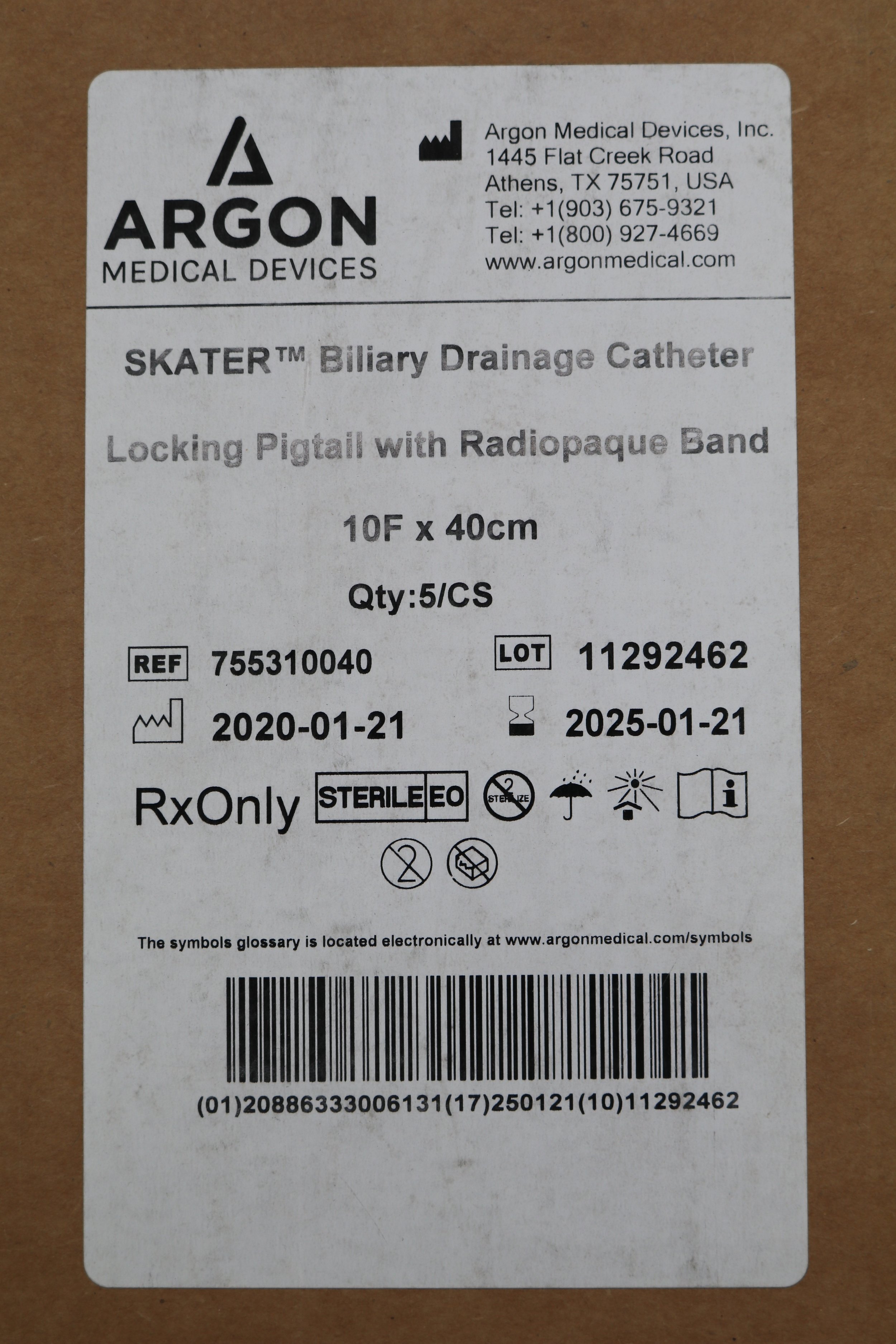 Argon | 755310040 | Box of 5 | Skater Biliary Drainage Catheter Locking Pigtail with Radiopaque Band 10F x 40cm