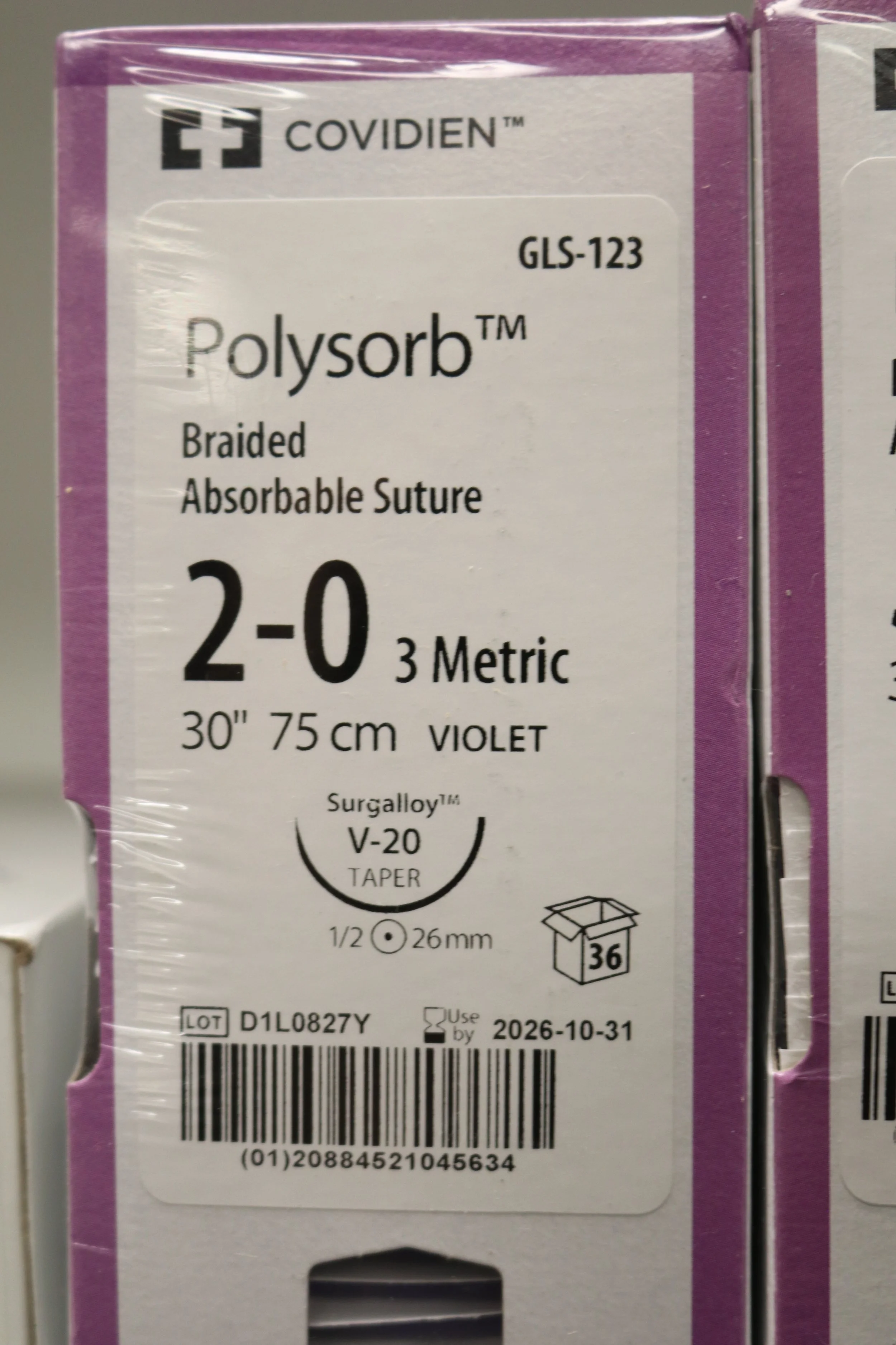 COVIDIEN | GLS-123 | PACK of 12/pc | Polysorb Braided Absorbable Suture 2-0 3 Metric 30" 75cm VIOLET