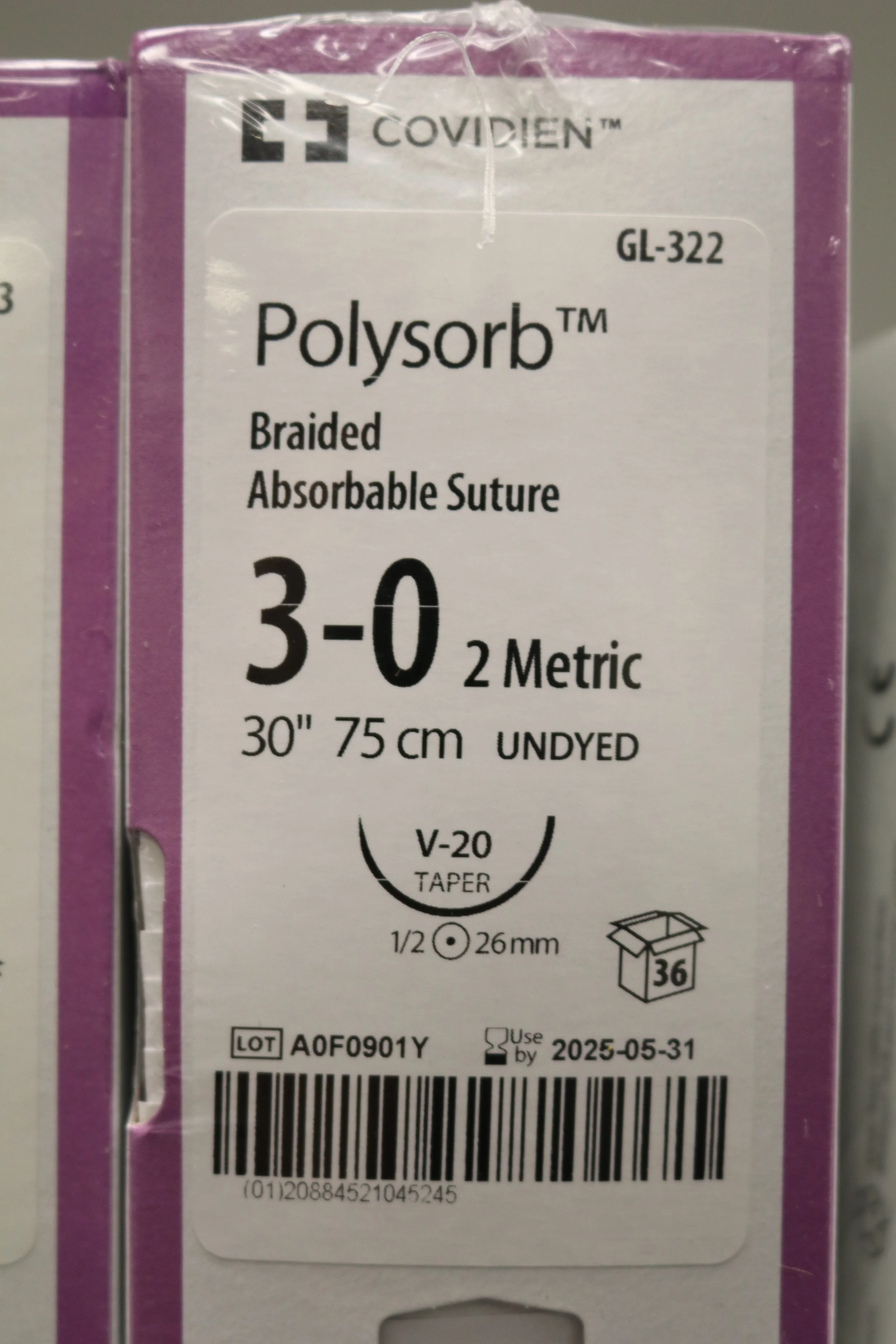 COVIDIEN | GL-322 | PACK of 36/pc | Polysorb Braided Absorbable Suture 3-0 2 Metric 30" 75cm VIOLET