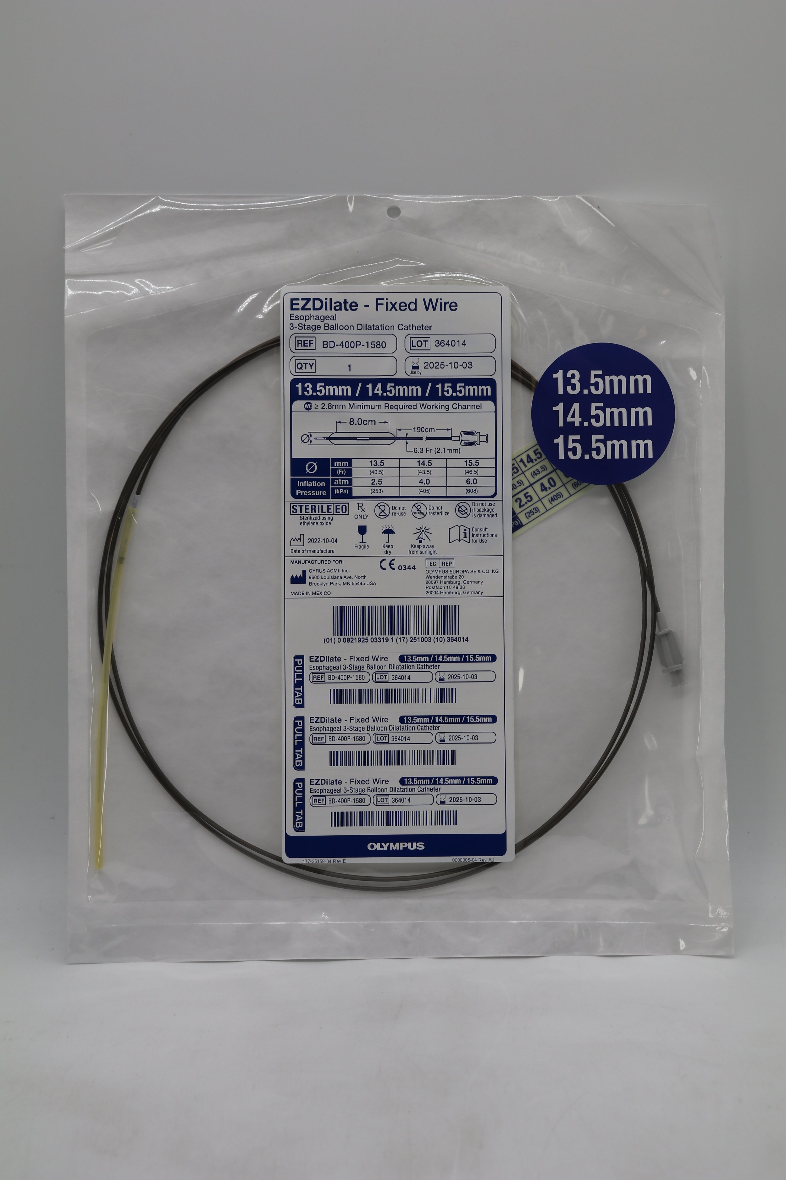 Olympus | BD-400P-1580 | EZDilate Wire Guided Esophageal 3-Stage Balloon Dilatation Catheter 13.5mm 14.5mm 15.5mm