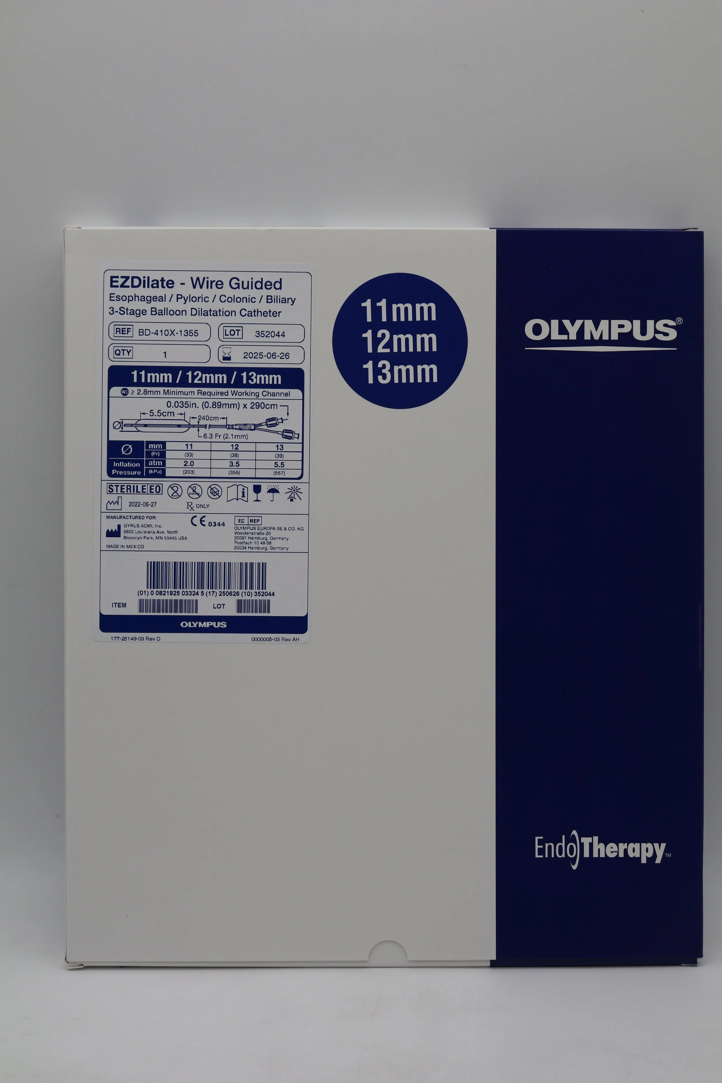 Olympus | BD-410X-1355 | EZDilate Wire Guided Esophageal Pyloric Colonic Biliary 3-Stage Balloon Dilatation Catheter 11mm 12mm 13mm