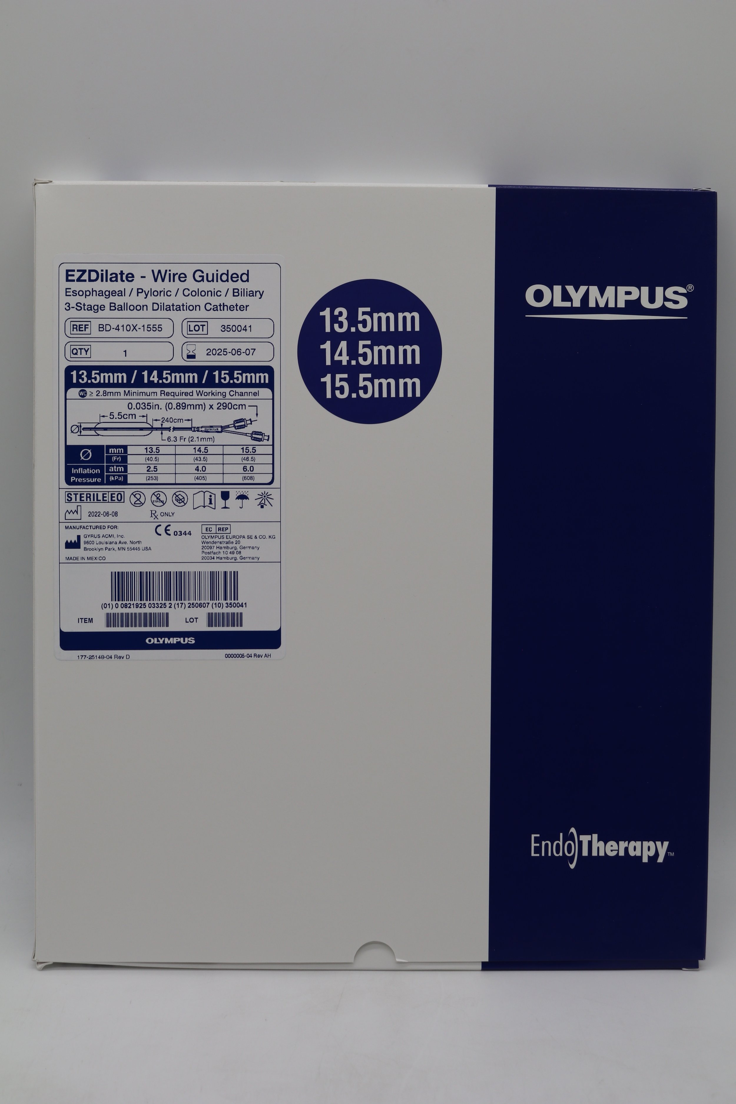 Olympus | BD-410X-1555 | EZDilate Wire Guided Esophageal Pyloric Colonic Biliary 3-Stage Balloon Dilatation Catheter 13.5mm 14.5mm 15.5mm