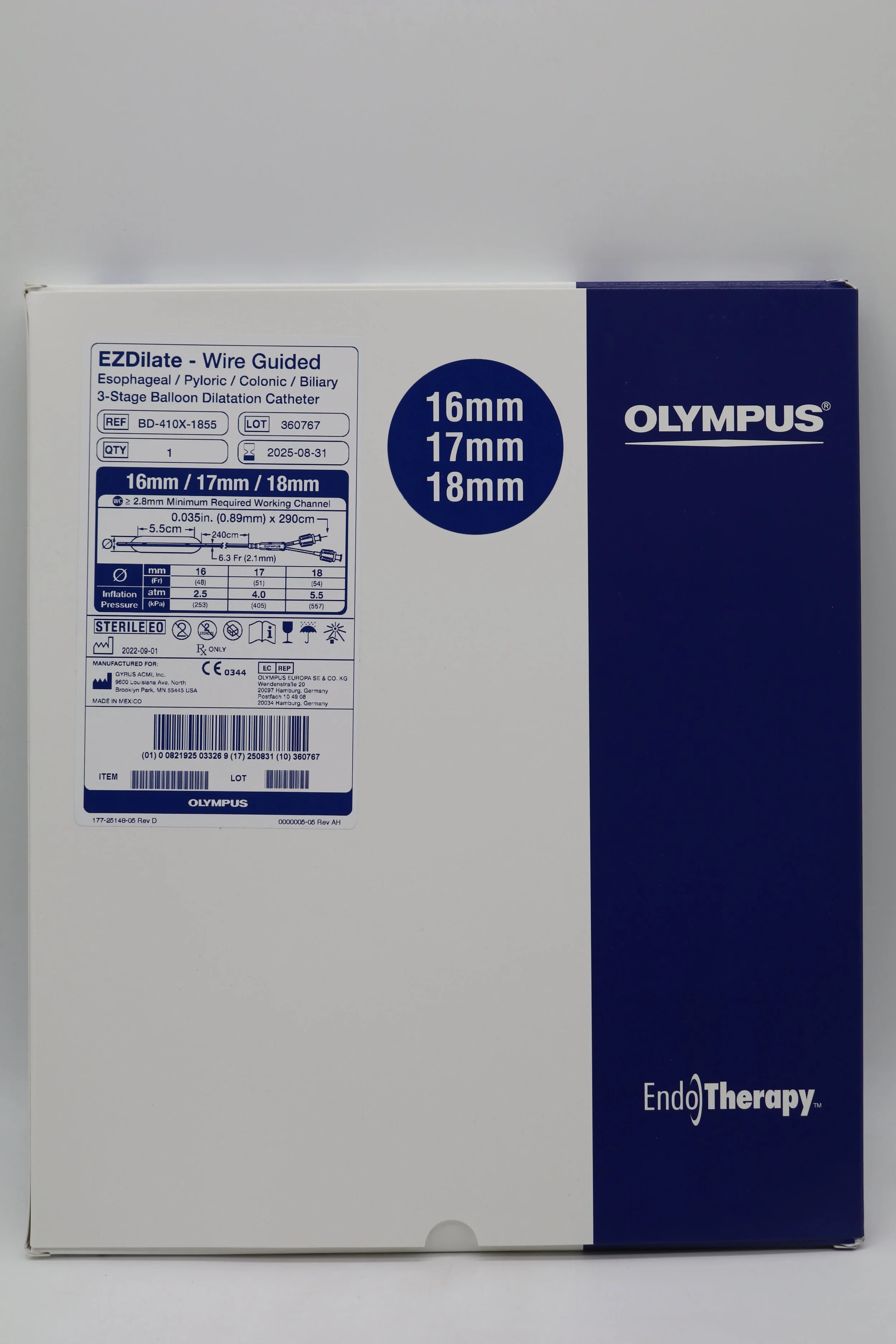 Olympus | BD-410X-1855 | EZDilate Wire Guided Esophageal Pyloric Colonic Biliary 3-Stage Balloon Dilatation Catheter 16mm 17mm 18mm