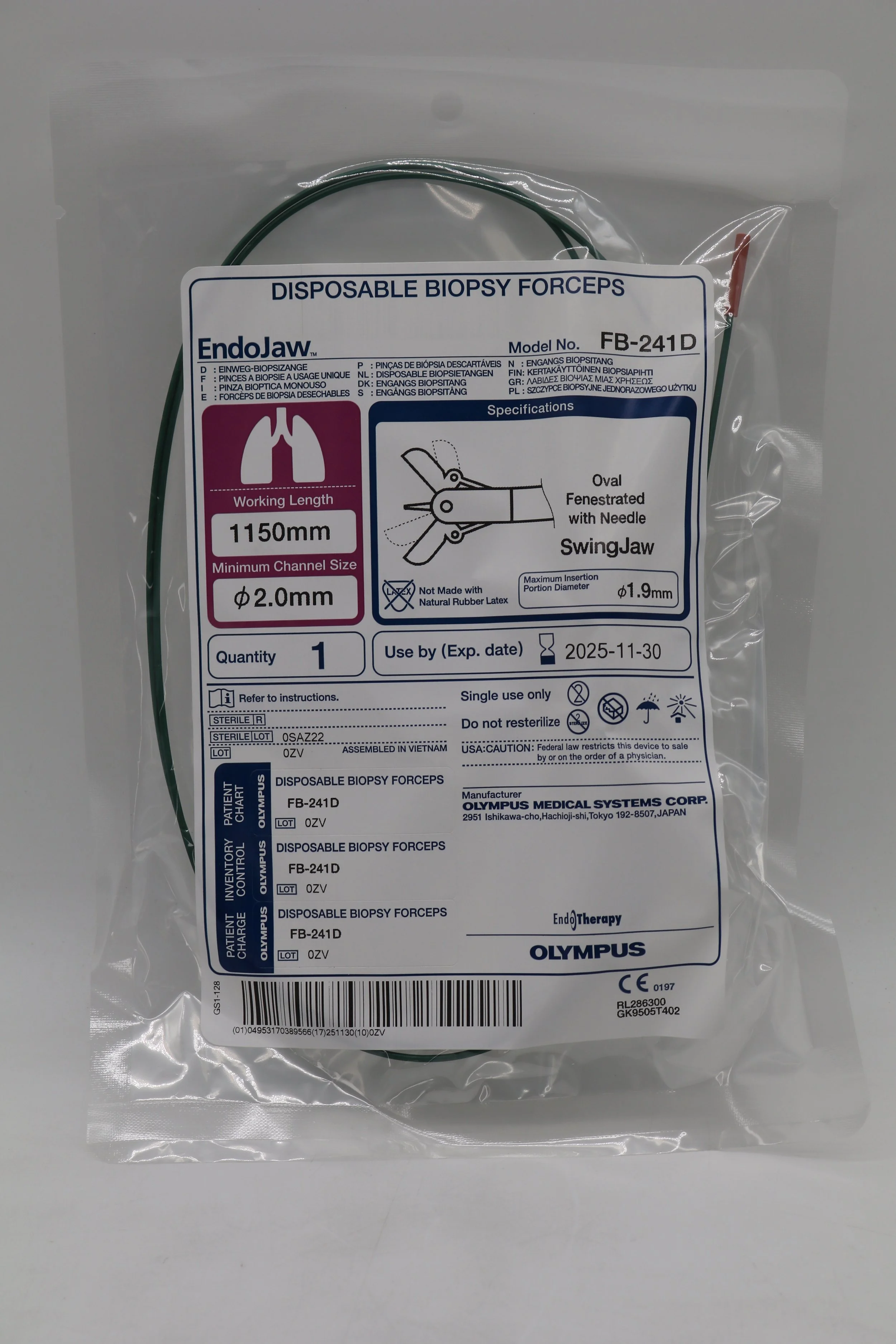 Olympus | FB-241D | Eaches | EndoJaw Disposable Biopsy Forceps 1150mm 2.0mm Oval Fenestrated with Needle SwingJaw