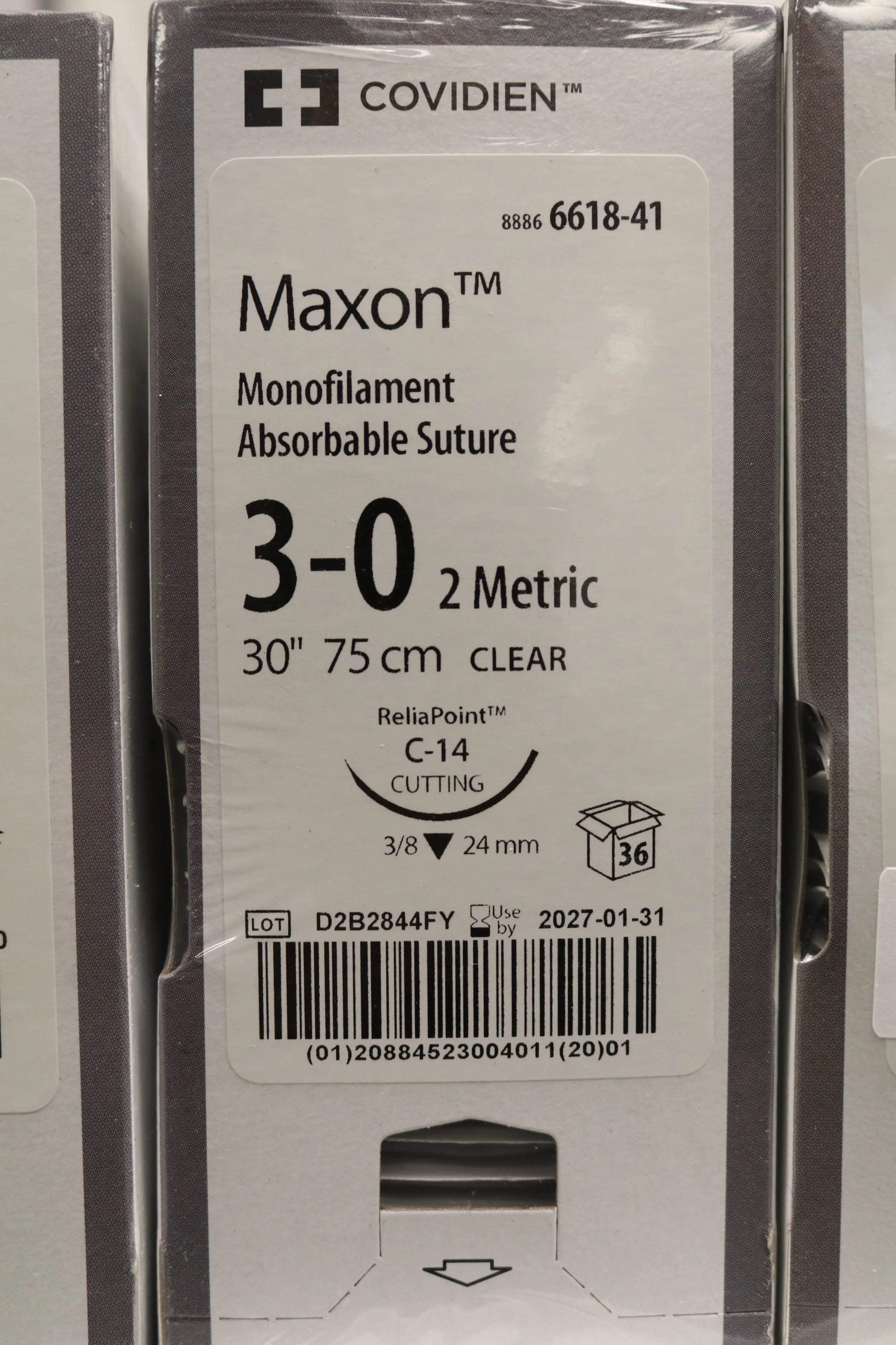COVIDIEN | 6618-41 | INDATE |  BOX OF 36 | Suture, Size 3-0, 75 cm Length, Clear, Polyglyconate, Monofilament, 3/8 Circle, 24 mm Needle Length, C-14 Needle