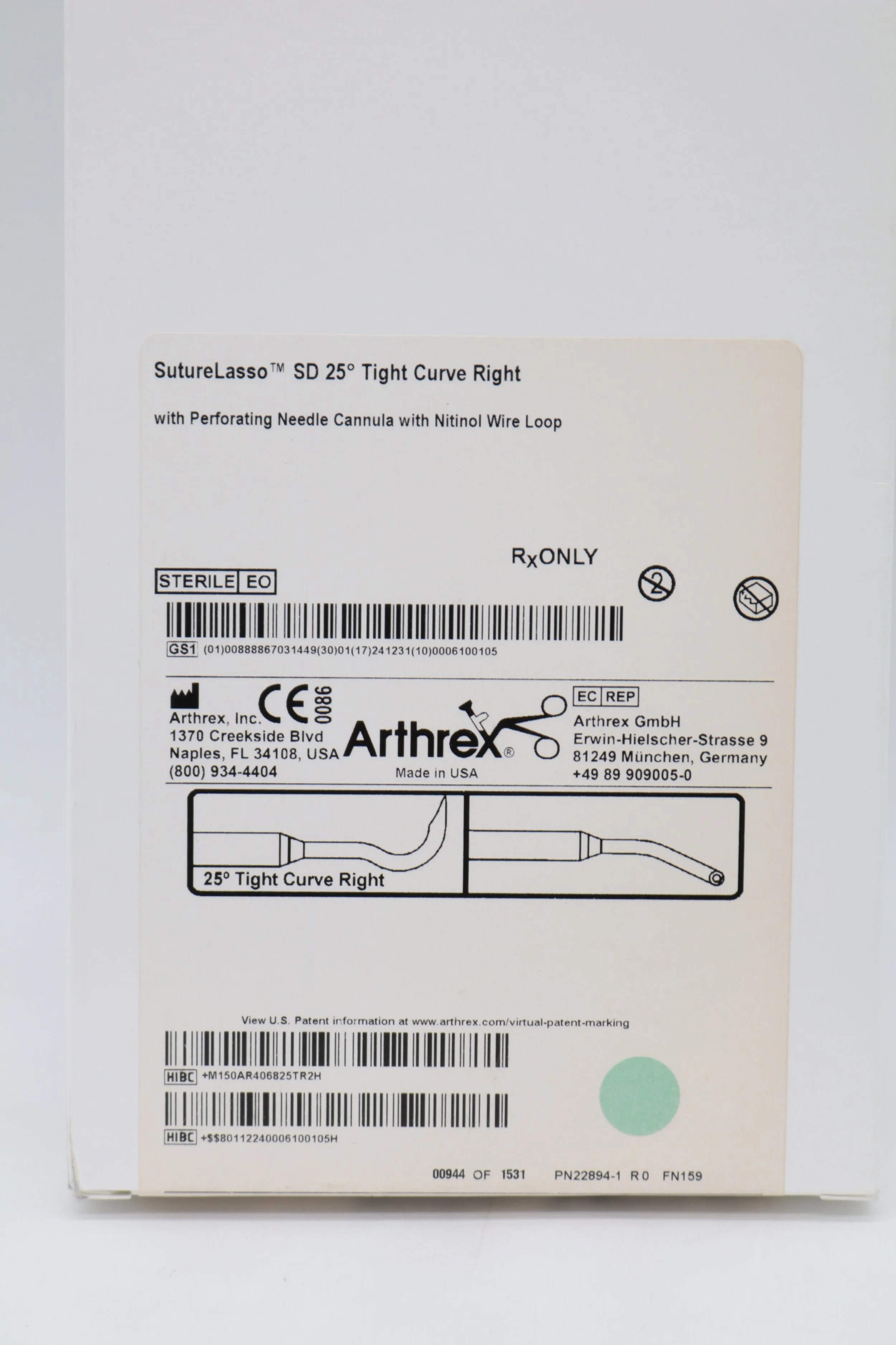 Arthrex | AR-4068-25TR | SHORTDATE | EACHES | SutureLasso SD 25° Tight Curve Right with Perforating Needle Cannula with Nitinol Wire Loop