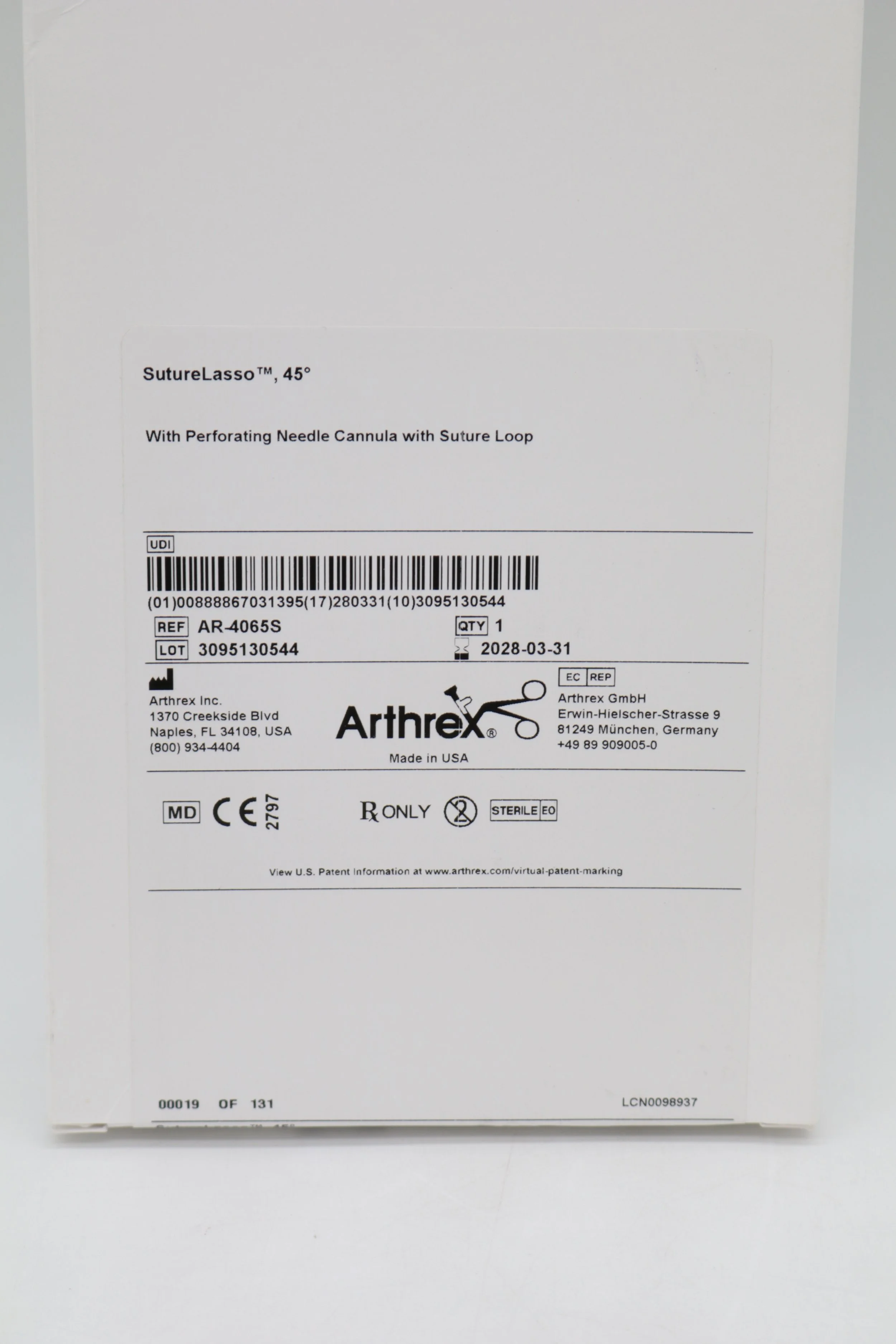 Arthrex | AR-4065S | EACHES | SutureLasso 45° with Perforating Needle Cannula with Suture Loop