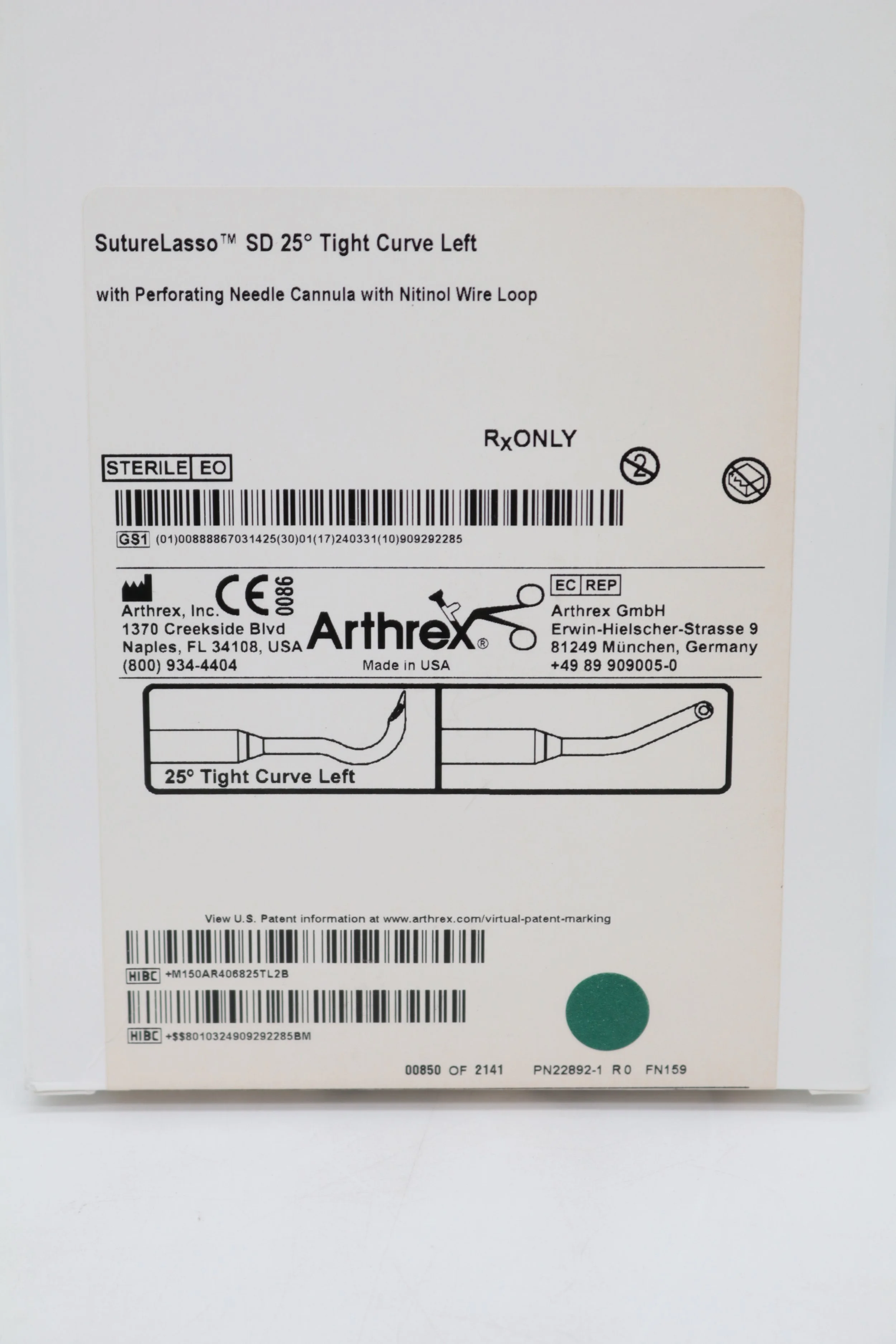 Arthrex | AR-4068-25TL | EXPIRED | EACHES | SutureLasso SD 25° Tight Curve Left with Perforating Needle Cannula with Nitinol Wire Loop