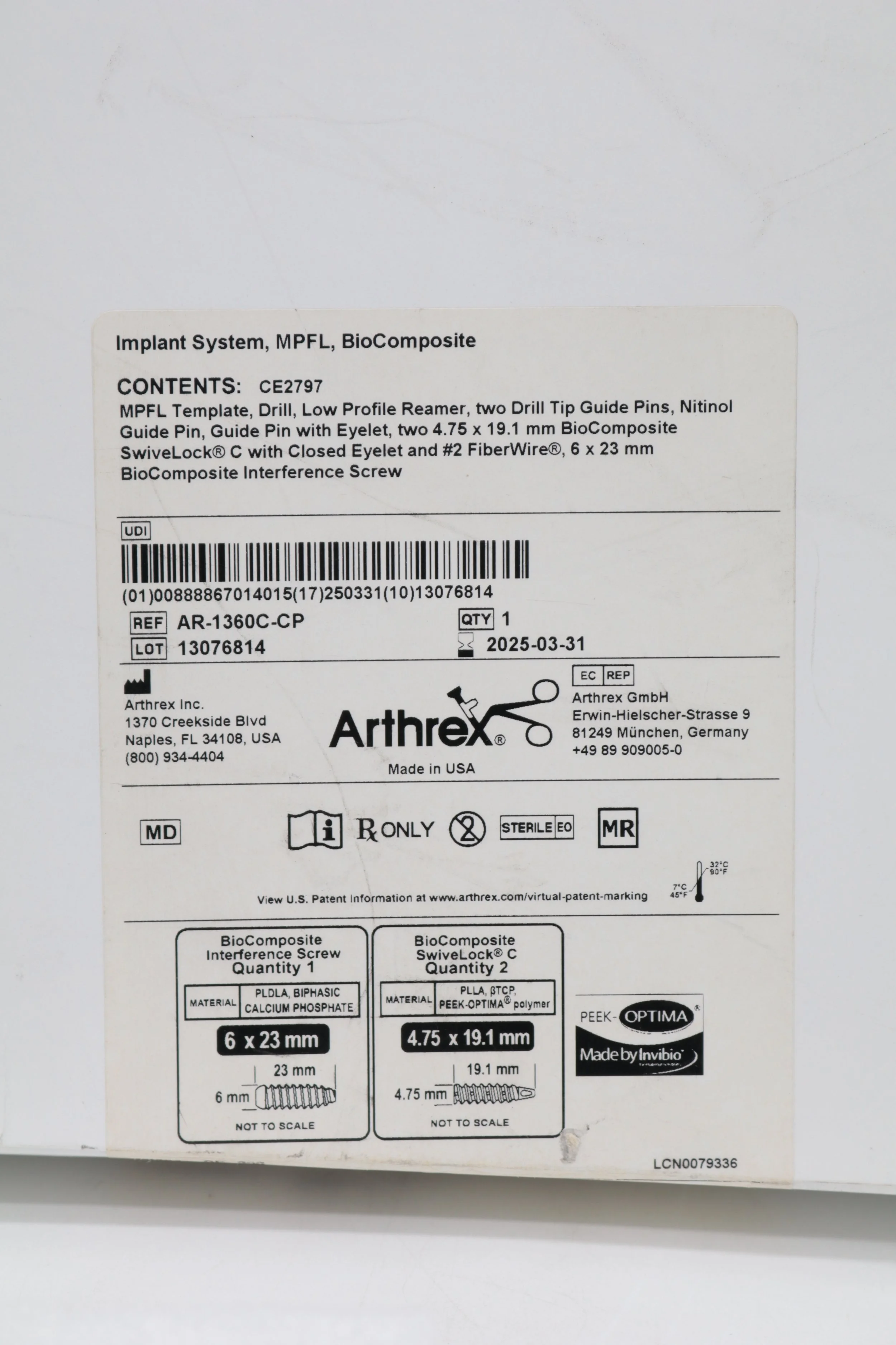 Arthrex | AR-1360C-CP | SHORTDATE | EACHES | Biocomposite MPFL Implant System CE2797