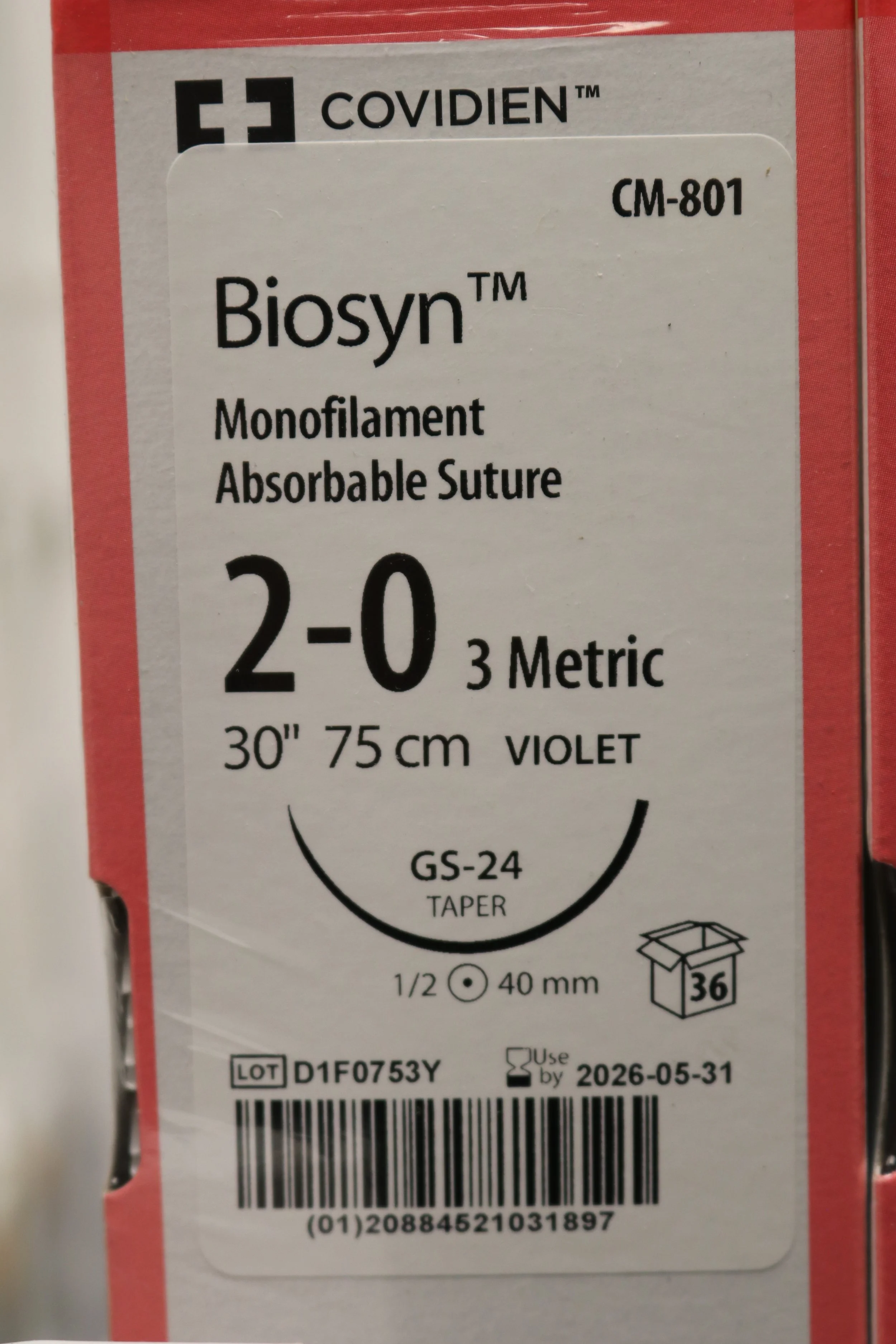 COVIDIEN | CM-801 | PACK of 36/pc | Biosyn Monofilament Absorbable Suture 2-0 3 Metric 30" 75cm VIOLET