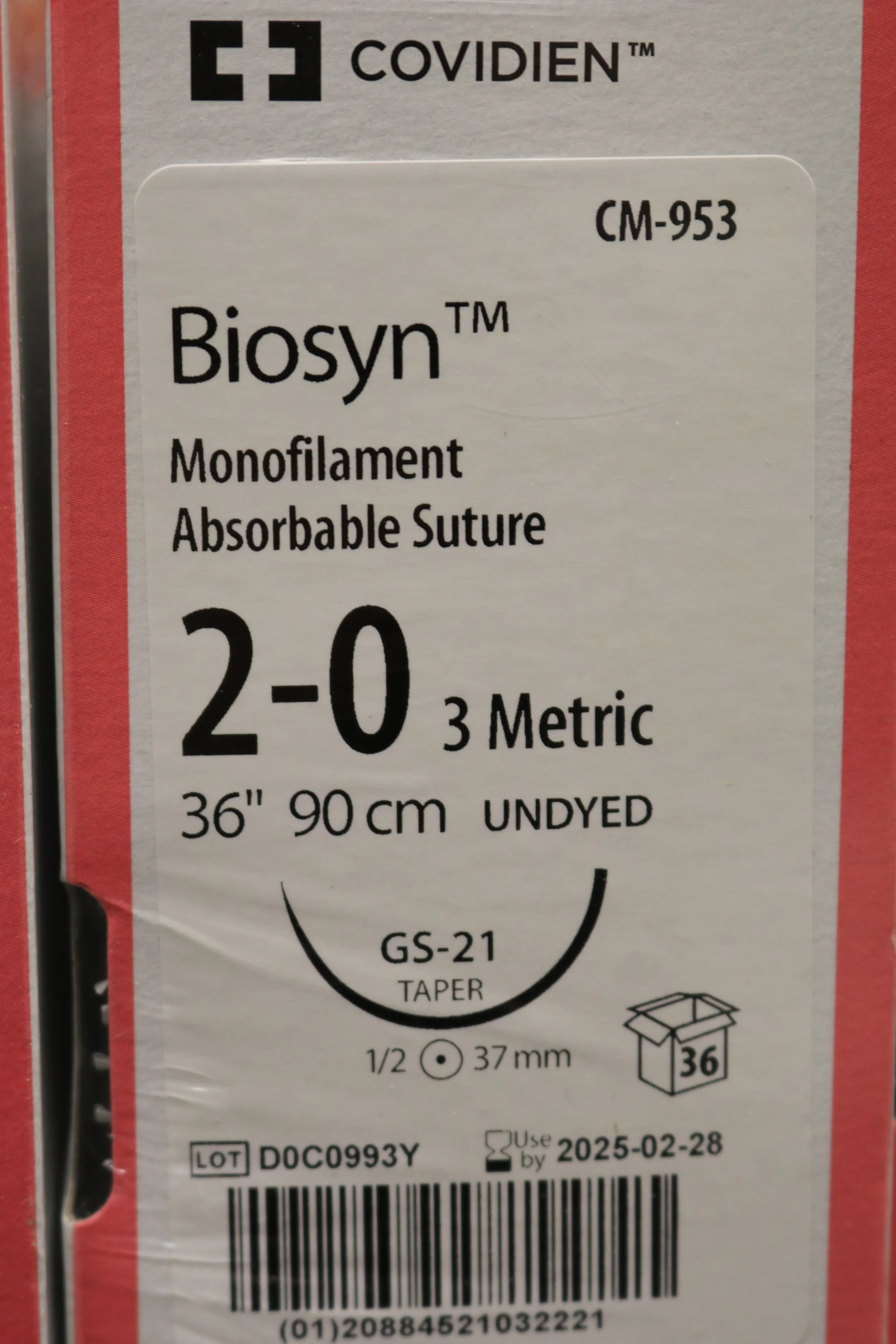 COVIDIEN | CM-953 | PACK of 36/pc | Biosyn Monofilament Absorbable Suture 2-0 3 Metric 36" 90cm UNDYED