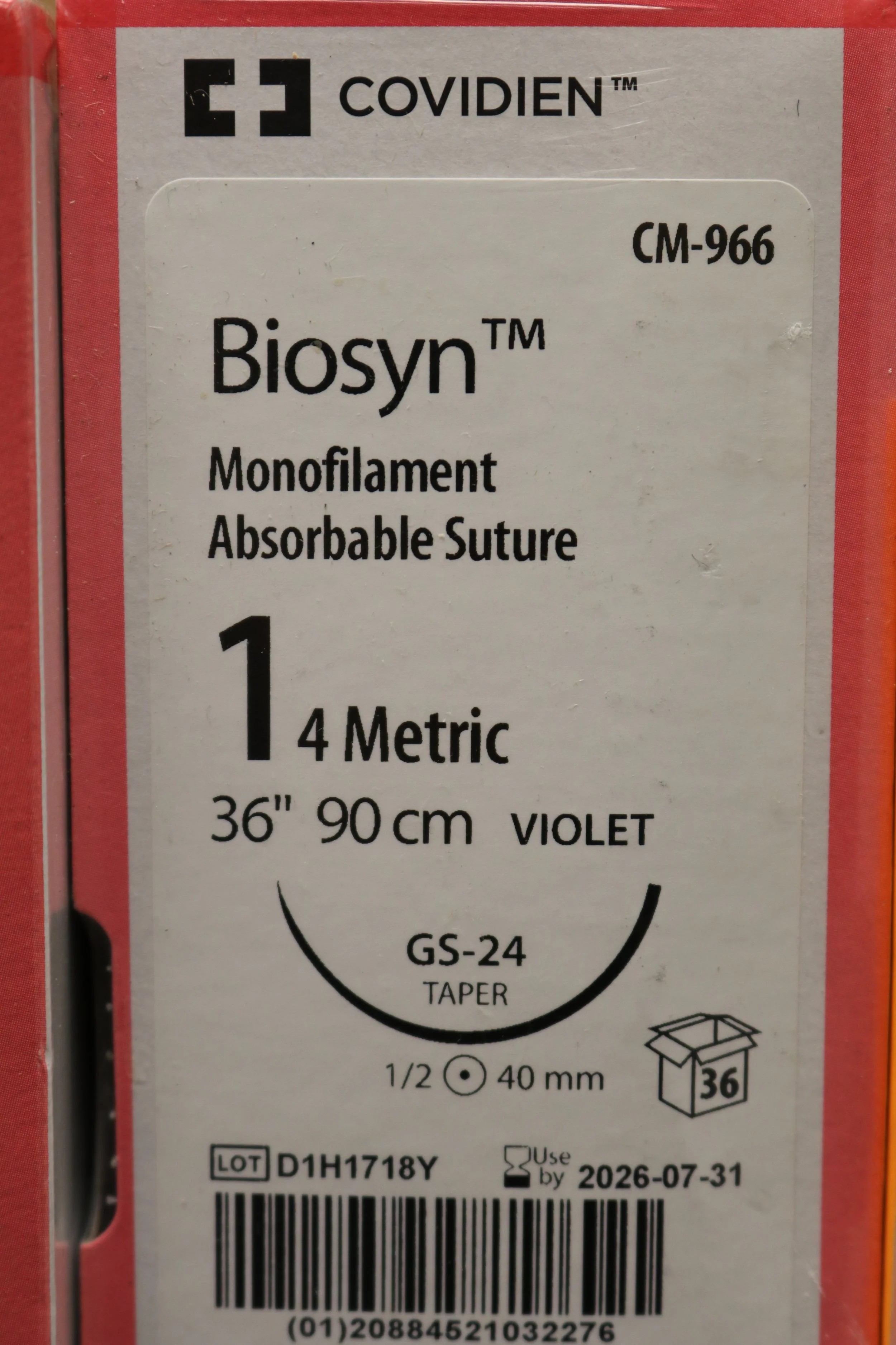 COVIDIEN | CM-966 | PACK of 36/pc | Biosyn Monofilament Absorbable Suture 1 4 Metric 36" 90cm VIOLET