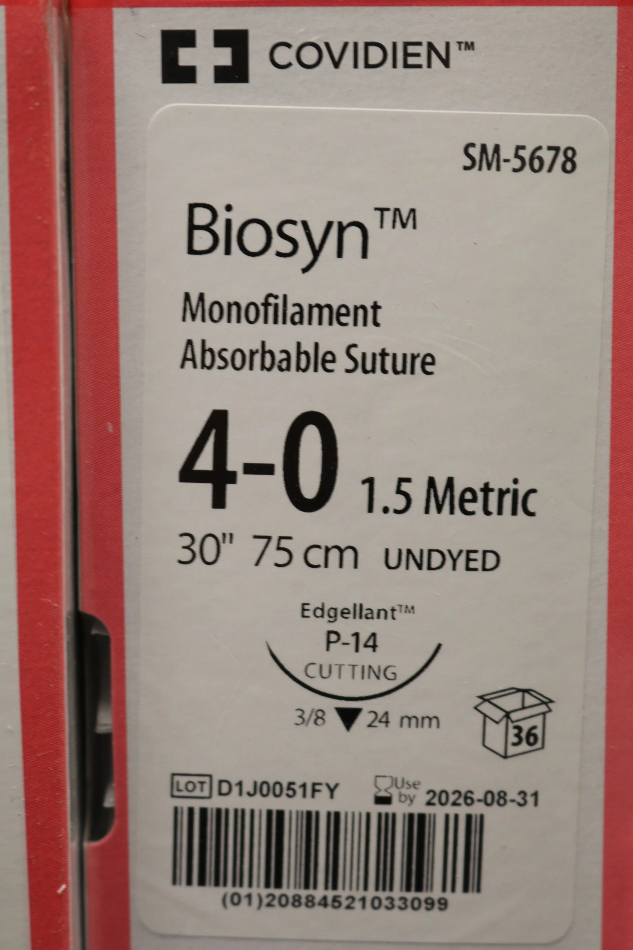 COVIDIEN | SM-5678 | PACK of 36/pc | Biosyn Monofilament Absorbable Suture 4-0 1.5 Metric 30" 75cm UNDYED