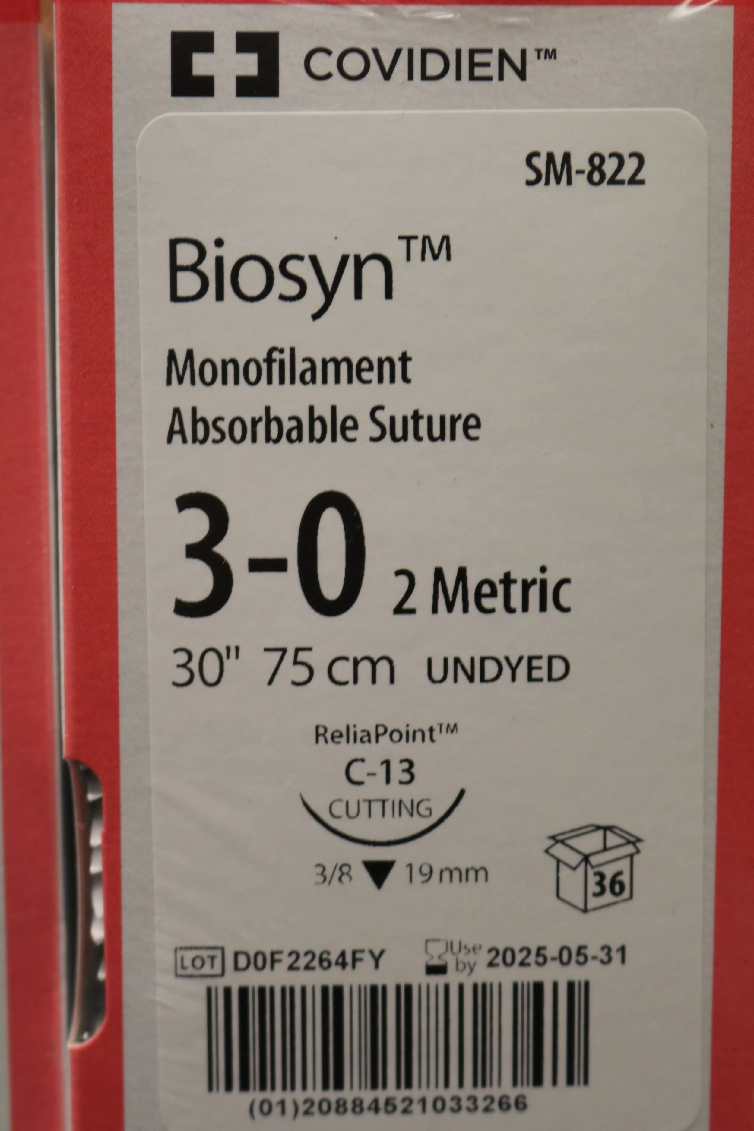 COVIDIEN | SM-822 | PACK of 36/pc | Biosyn Monofilament Absorbable Suture 3-0 2 Metric 30" 75cm UNDYED