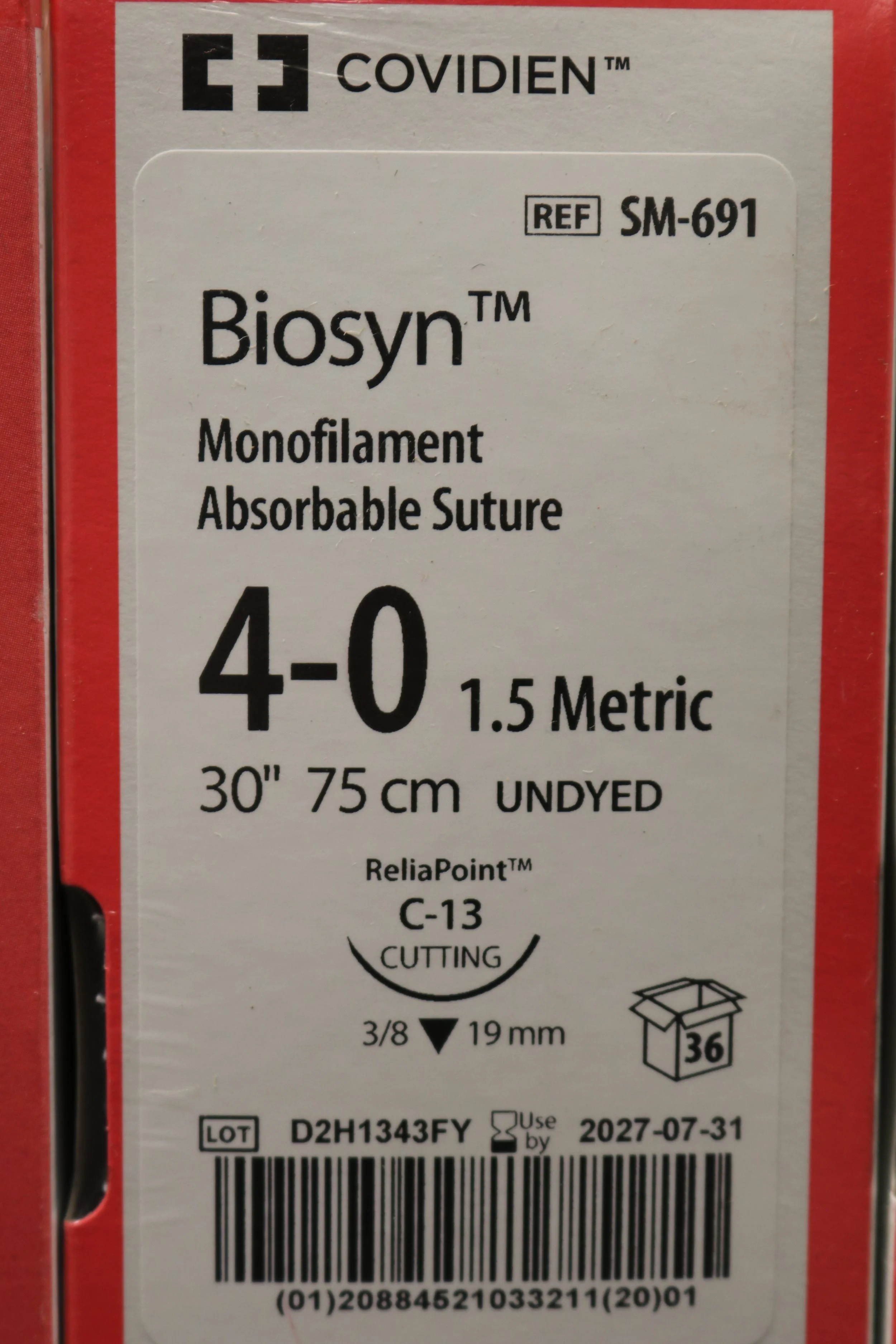COVIDIEN | SM-691 | BOX OF 36 | Biosyn Monofilament Absorbable Suture 3-0 2 Metric 30" 75cm UNDYED