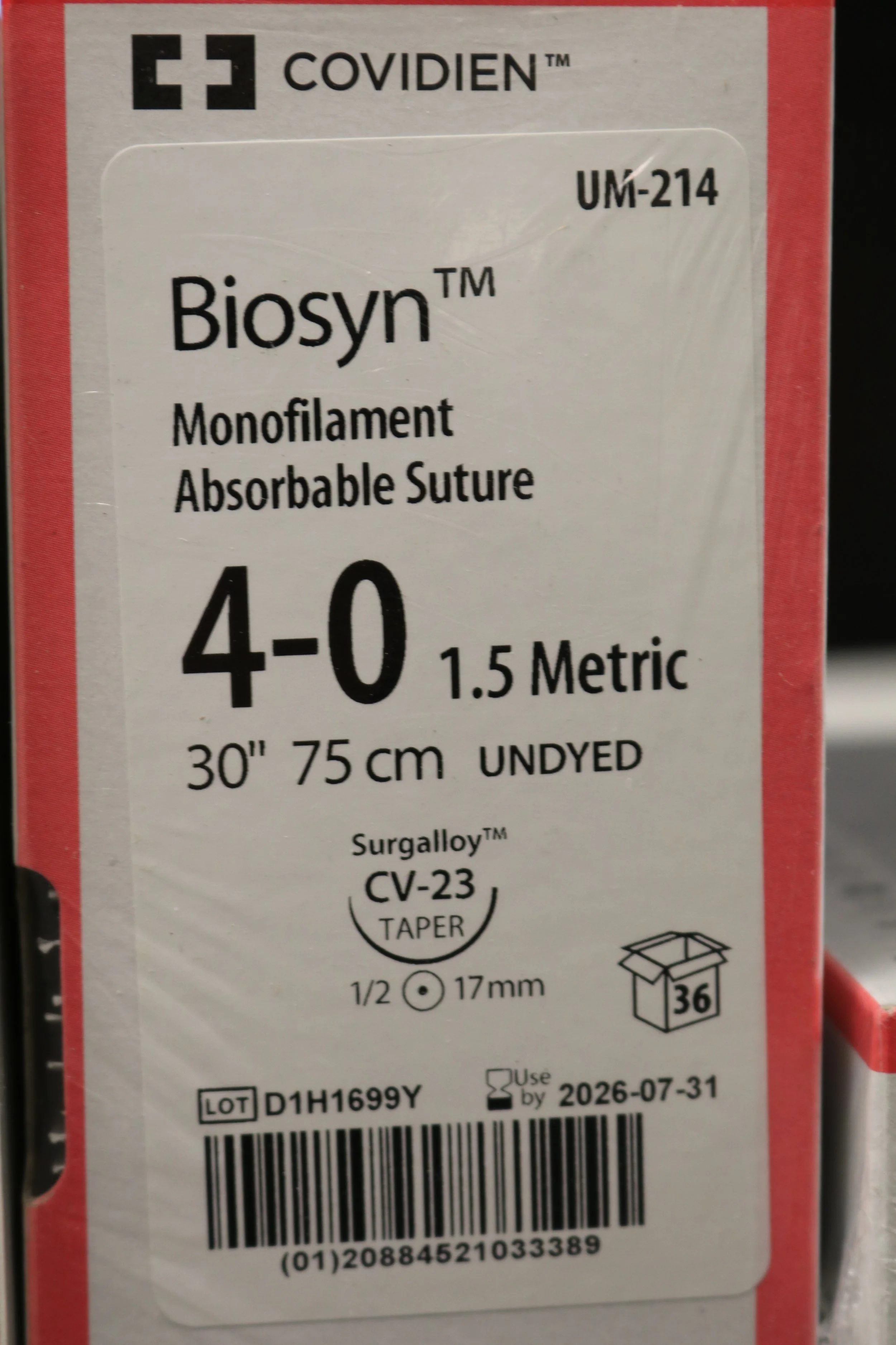 COVIDIEN | UM-214 | PACK of 36/pc | Biosyn Monofilament Absorbable Suture 4-0 1.5 Metric 30" 75cm UNDYED