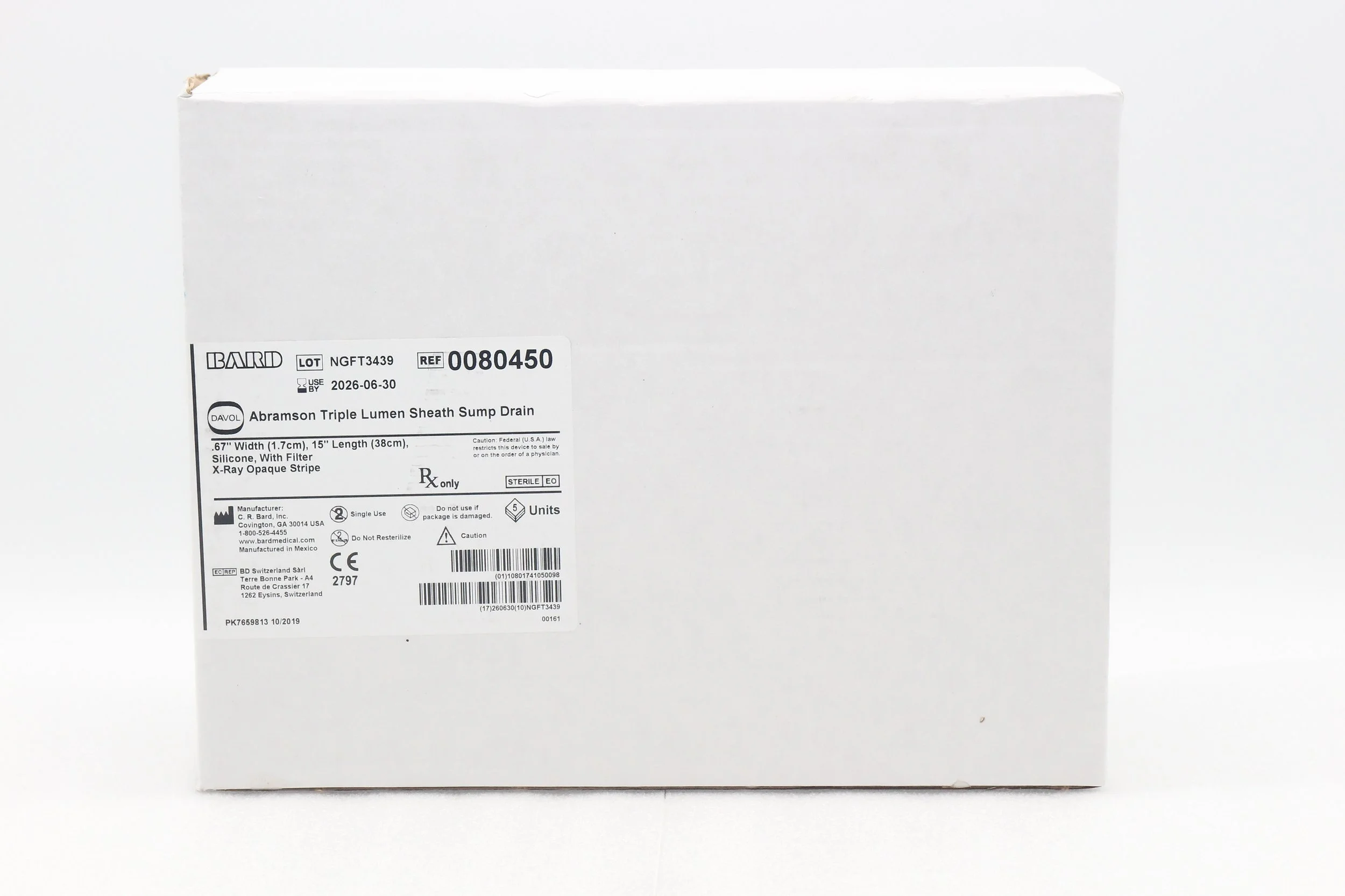 BARD | 0080450 | IN-DATE | BOX OF 5 | Sump Drain Tube, 4.7 mm OD, Silicone, Triple-Lumen, 3/8 in. Size, 15 in. Length, with Filter, Latex-Free, Sterile, Single-Use