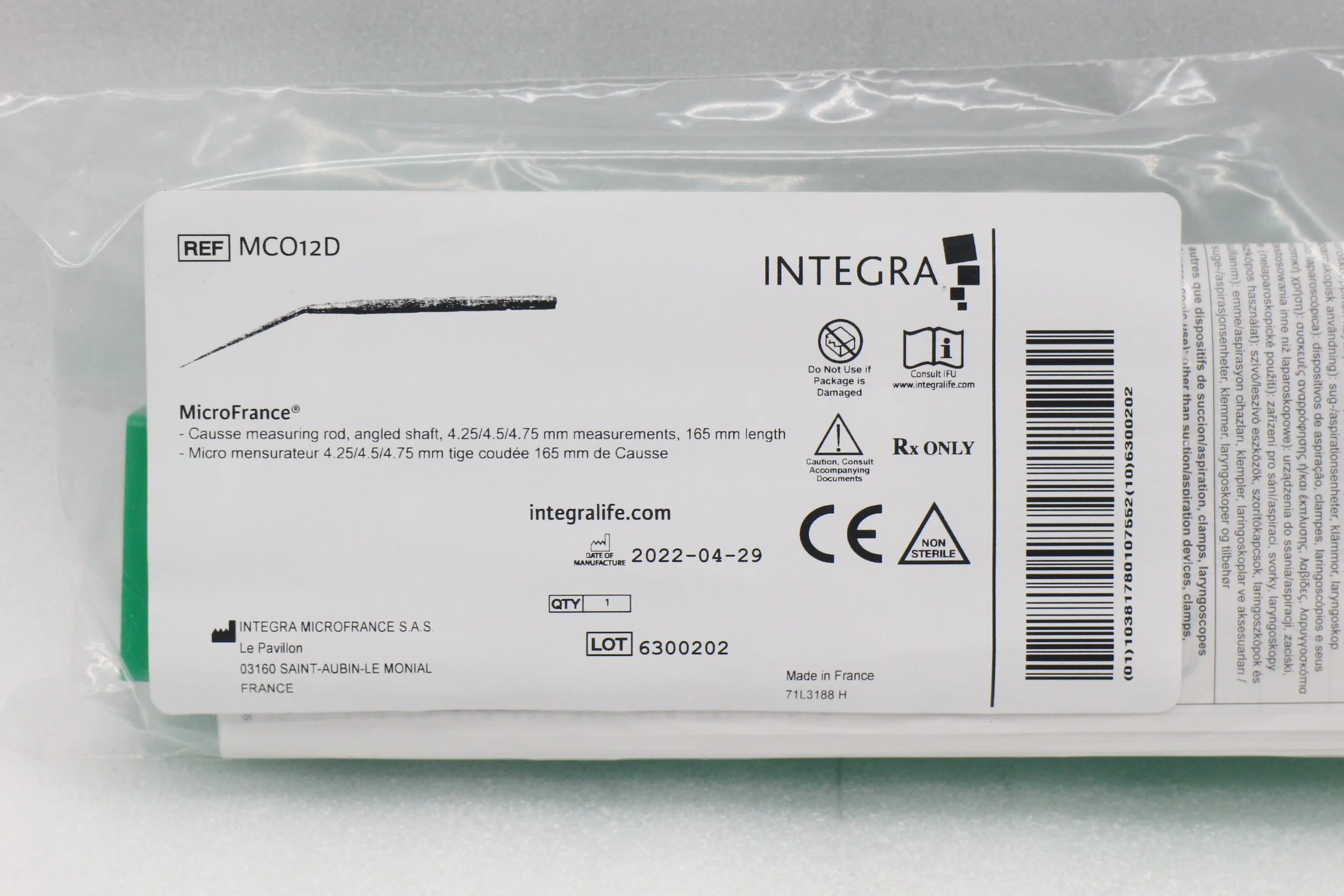 Integra | MCO12D | NO DATE | BOX OF 1 | Open Box MicroFrance Causse measuring rod, angled shaft, 4.25/4.5/4.75mm measurements, 165mm length