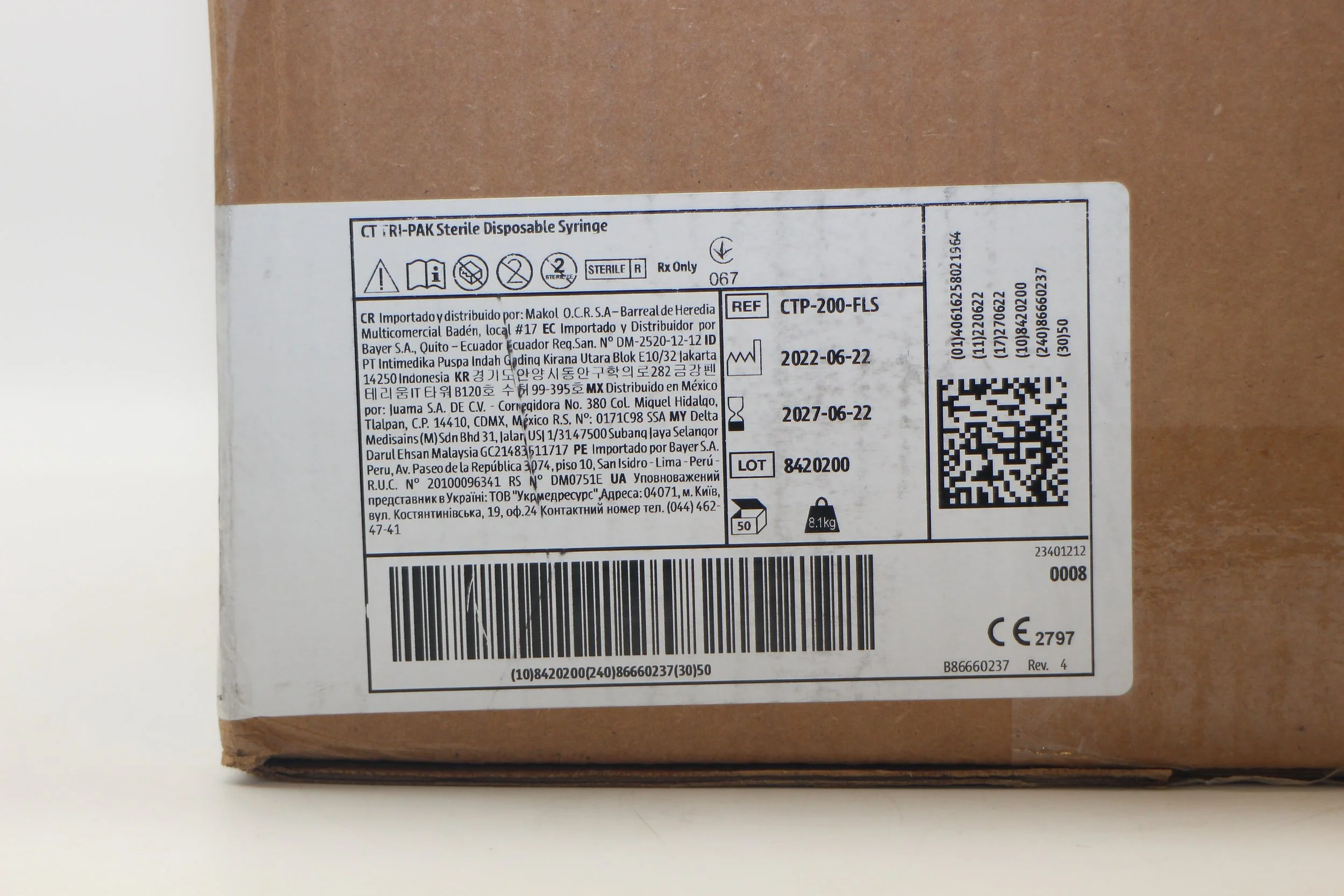 Bayer | CTP-200-FLS | INDATE | Box of 50 | CT TRI-PAK Sterile Disposable Syringe