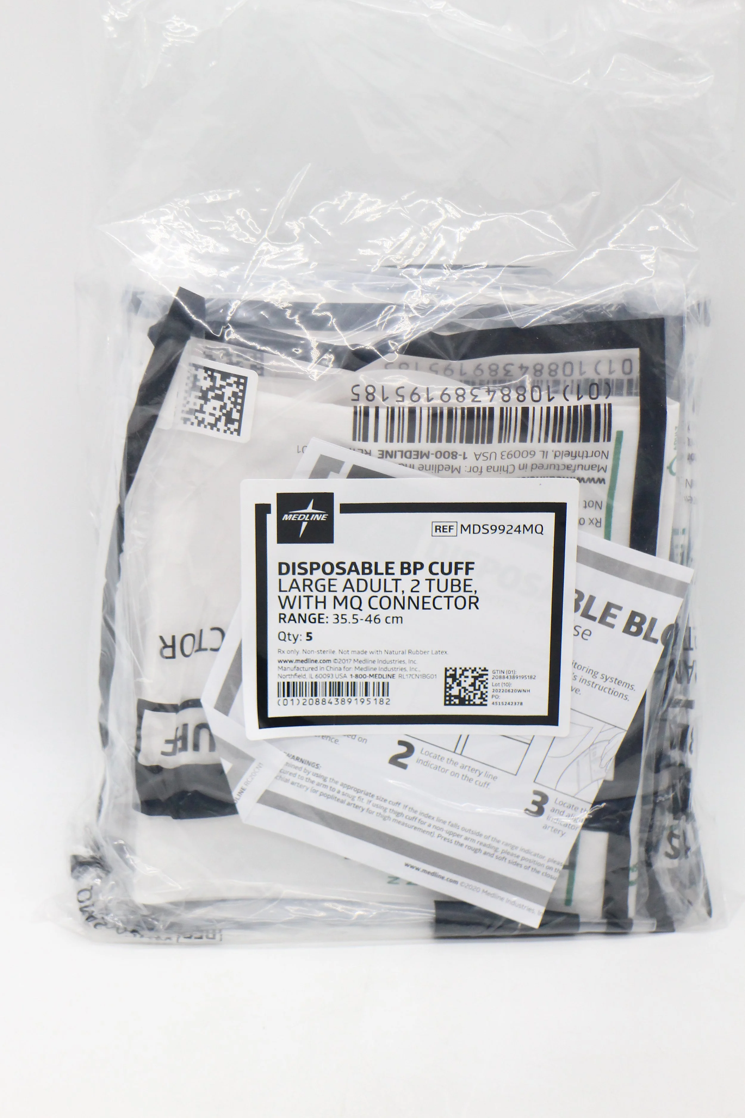 Medline | MDS9924MQ | Bag of 5 Disposable BP Cuff Large Adult 2 Tube with MQ Connector