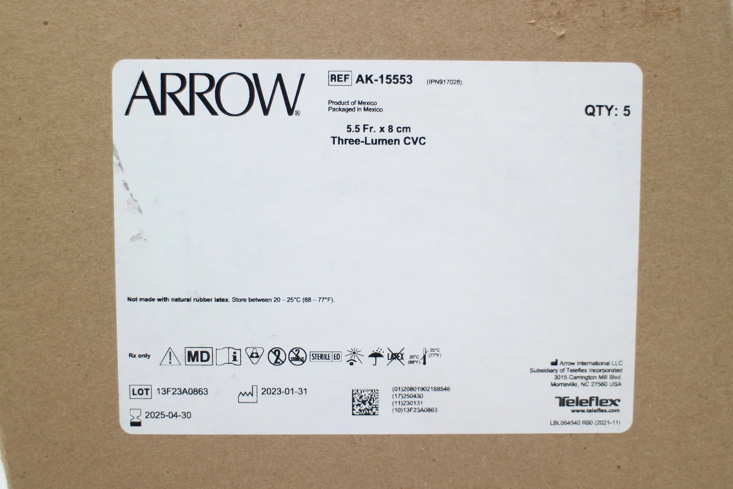 Arrow | AK-15553 | Box of 5 | Three-Lumen Central Venous Catheterization Kit 5.5 Fr. x 8cm