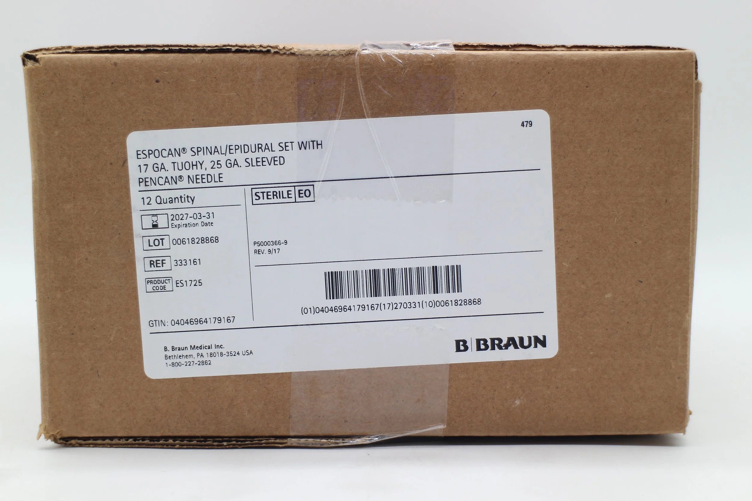 B Braun | 333161 | IN-DATE | EACHES | EPSOCAN Spinal/Epidural Set with 17 ga. Tuohy, 25 ga. Sleeved Pencan Needle