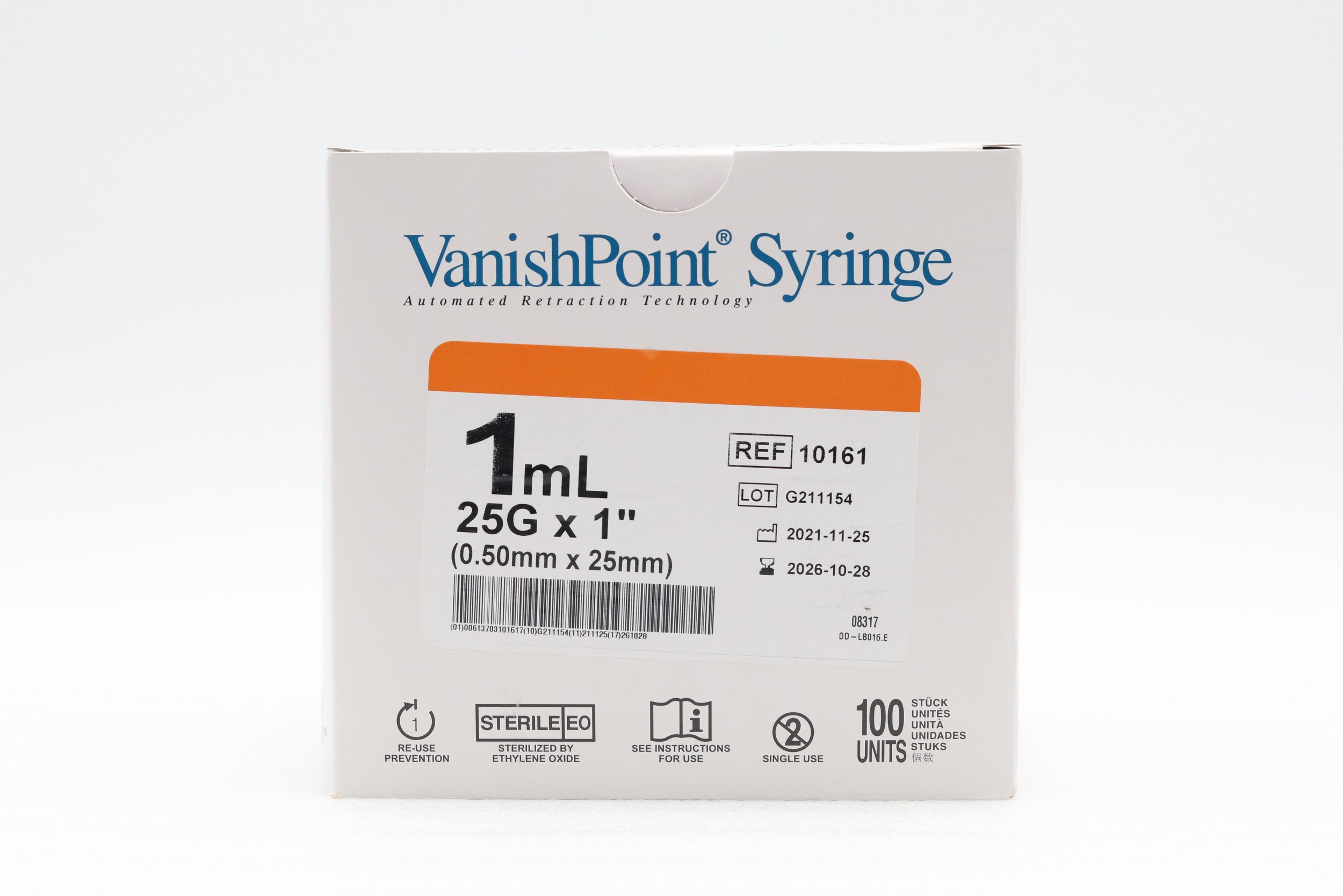 Retractable Technologies | 10161 | Box of 100 | VanishPoint Syringe 1mL 25G x 1" (0.50mm x 25mm)