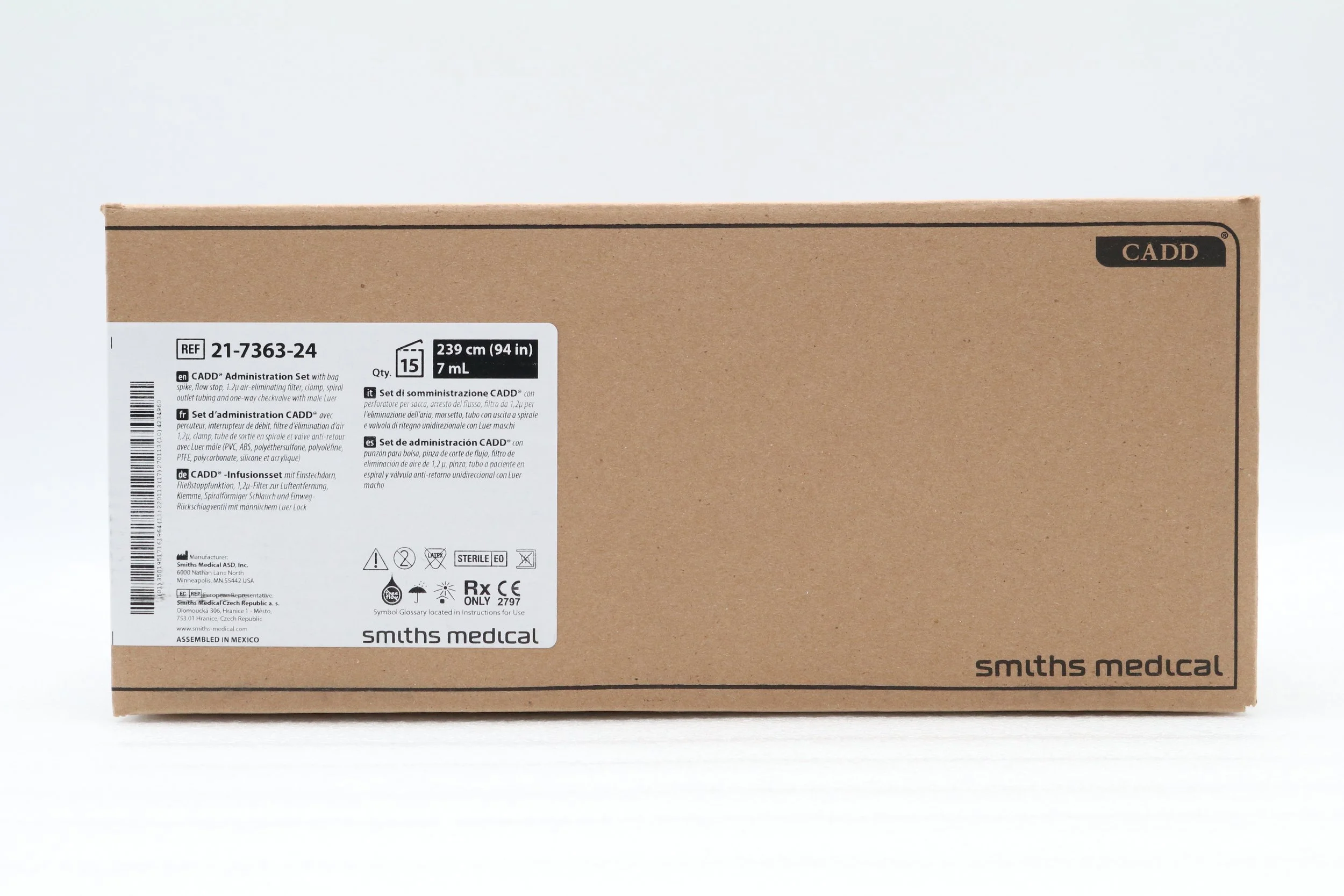 Smiths Medical | 21-7363-24 | Box of 15 | CADD Flow Stop 93" Standard Administration Set with Bag Spike, 1.2-µm Filter, Spiral Tubing, Clamp and 1-Way Check Valve with Male Luer