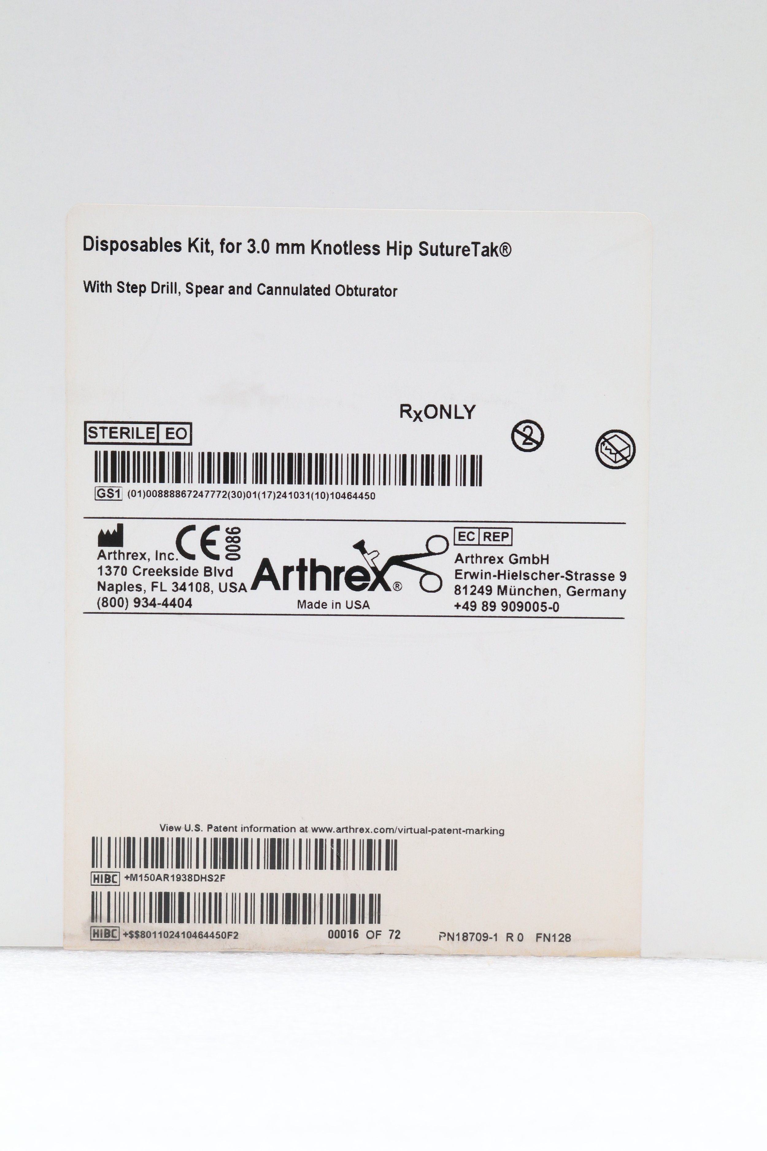 Arthrex | AR-1938DHS | Disposables Kit, for 3.0mm Knotless Hip SutureTak with Step Drill, Spear and Cannulated Obturator