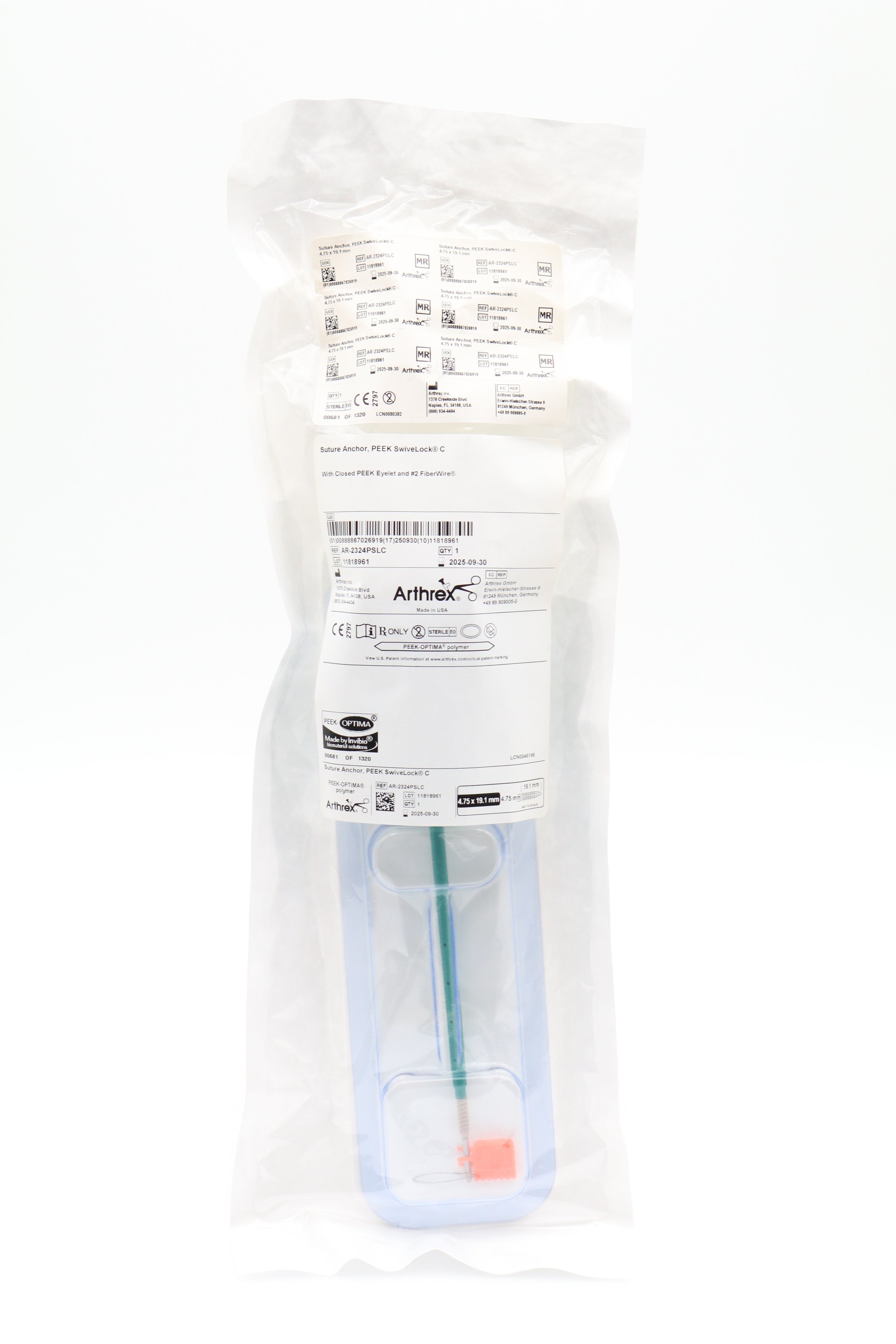 Arthrex | AR-2324PSLC | Eaches | Suture Anchor PEEK SwiveLock C with Closed PEEK Eyelet and #2 FiberWire