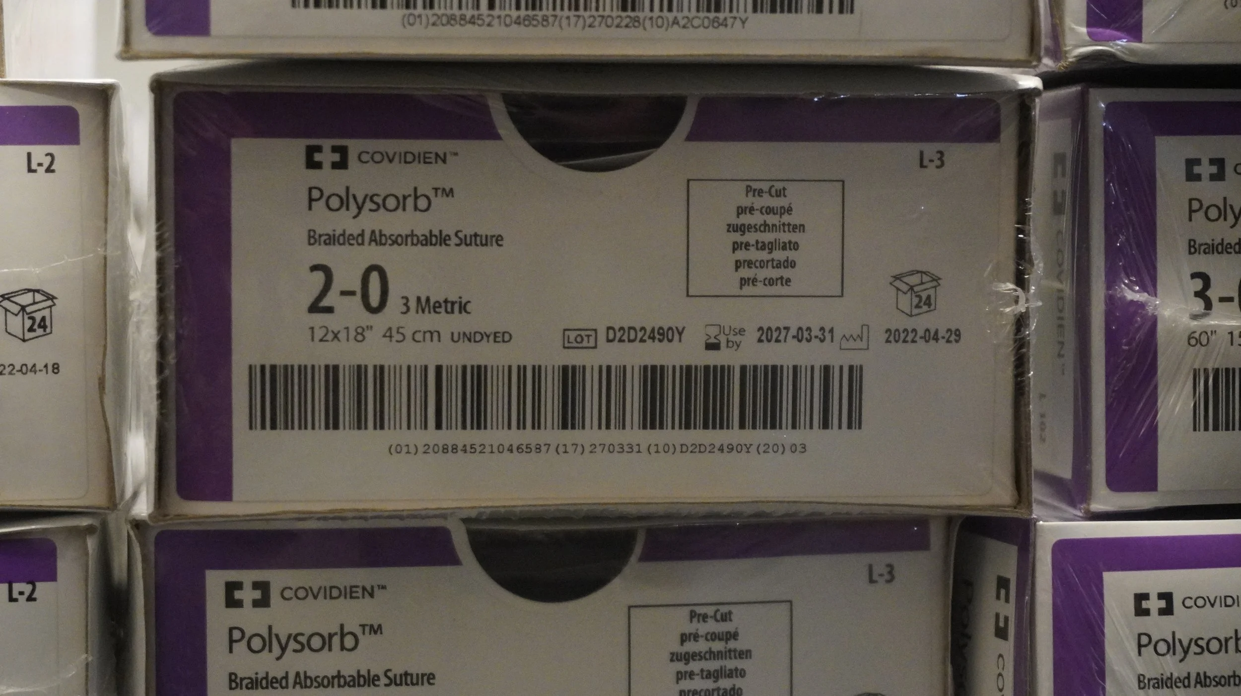 COVIDIEN | L-3 | PACK of 24/pc | Polysorb Braided Absorbable Suture 2-0 3 Metric 12x18" 45cm UNDYED