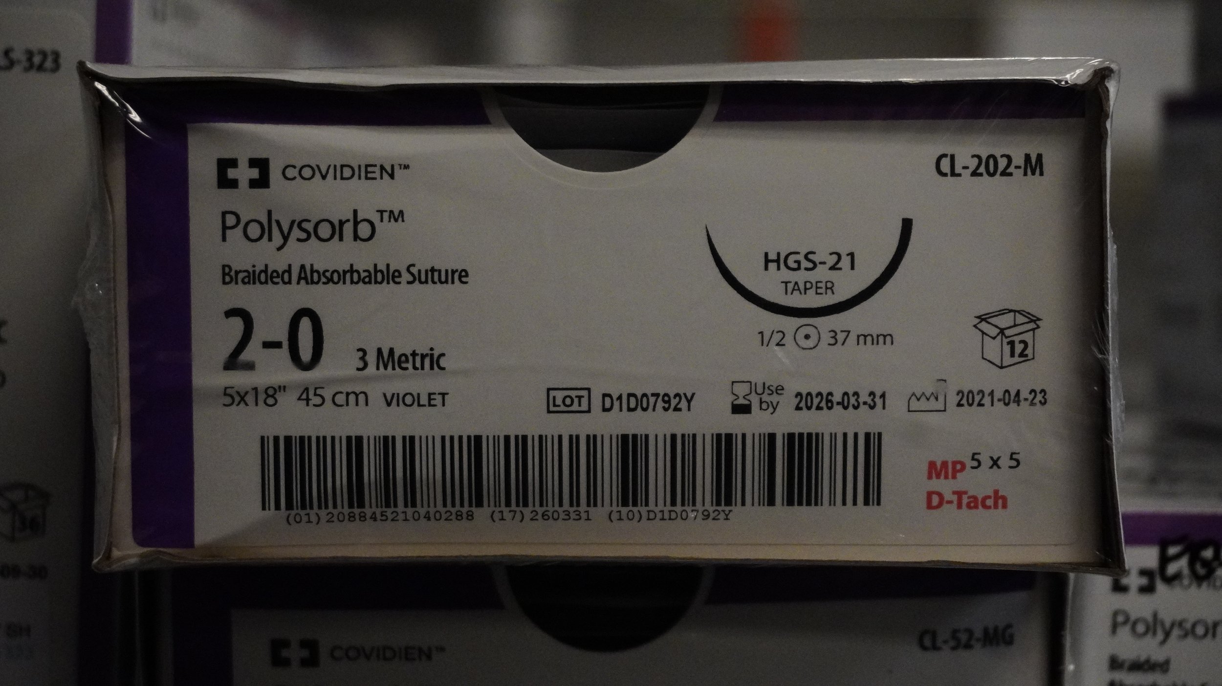 COVIDIEN | CL-202-M | PACK of 12/pc | Polysorb Braided Absorbable Suture 2-0 3 Metric 5x18" 45cm VIOLET