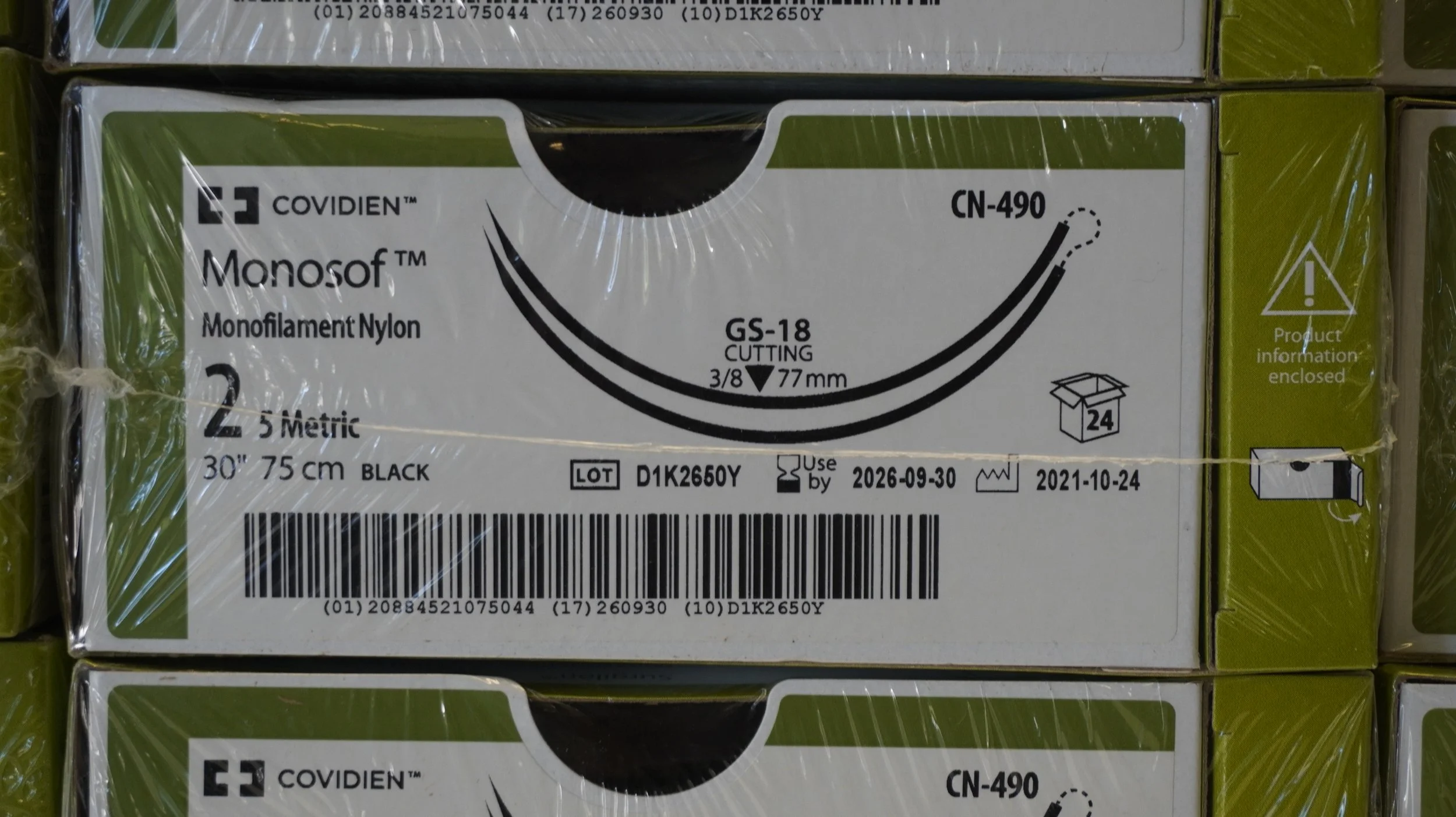 COVIDIEN | CN-490 | IN-DATE | Box of 24 | Suture, Size 2, 75 cm Length, Black, Nylon, Monofilament, 3/8 Circle, 77 mm Needle Length