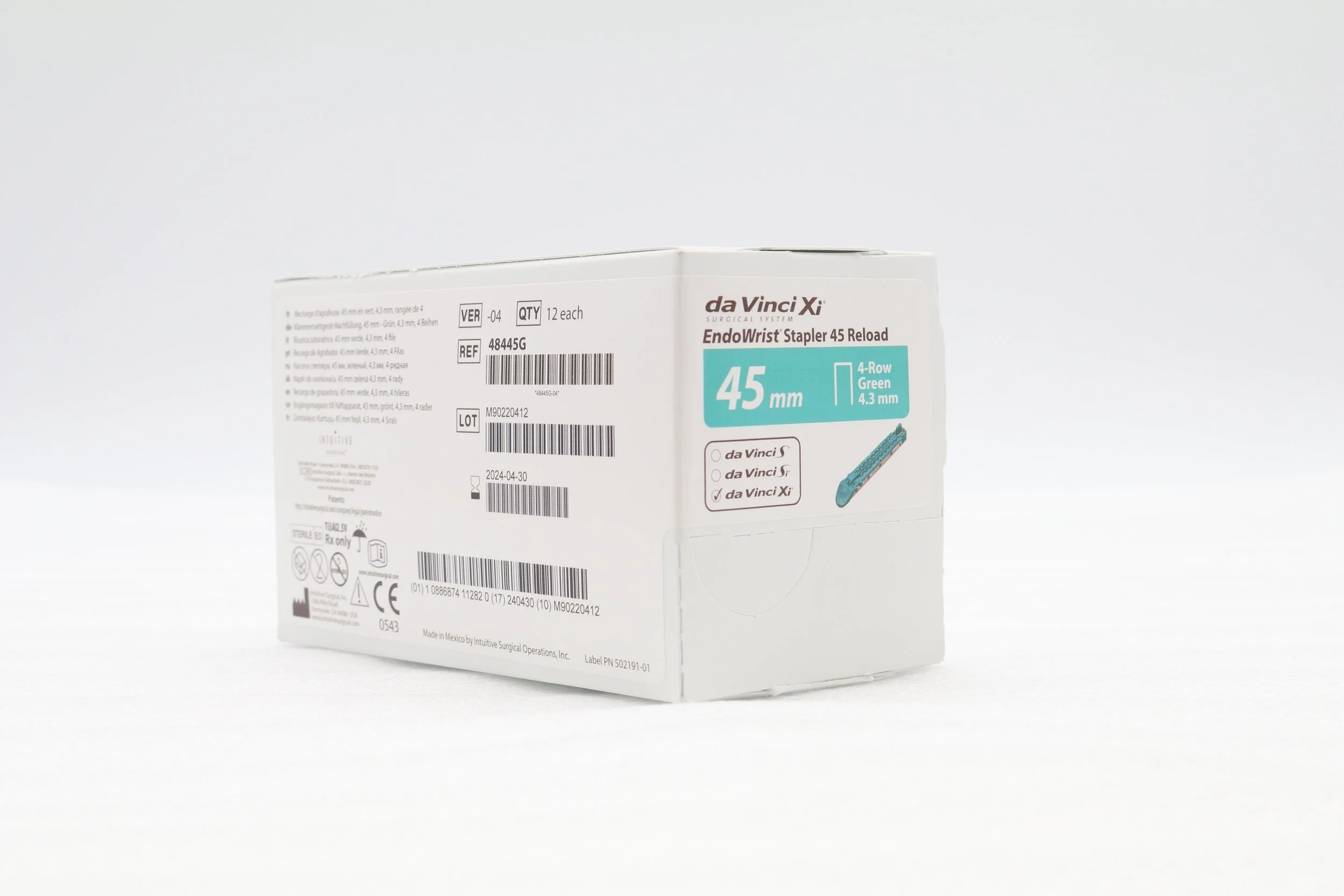 INTUITIVE SURGICAL | 48445G | EXPIRED | Box of 12 | da Vinci Xi EndoWrist Stapler 45 Reload 45mm 4-Row Green 4.3mm