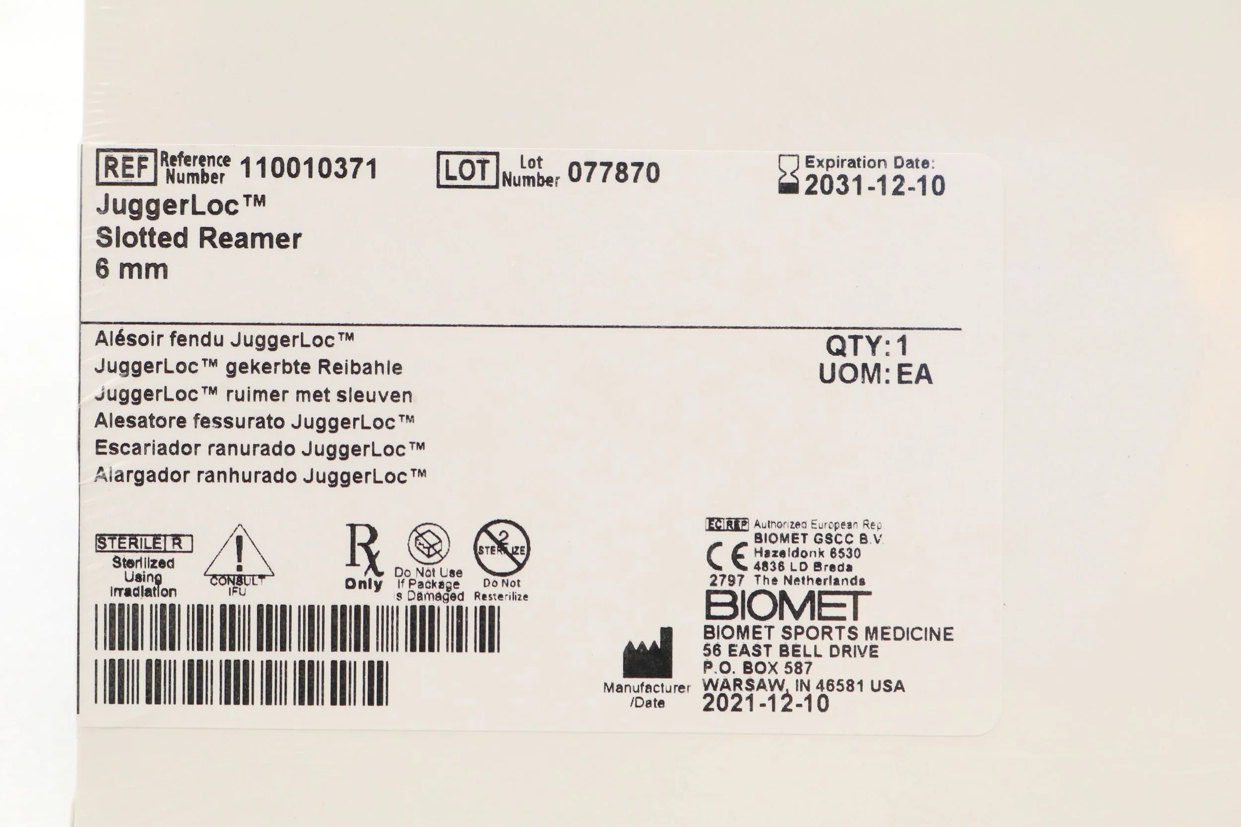 BIOMET | 110010371 | IN-DATE | BOX OF 1 | JuggerLoc Slotted Reamer 6mm
