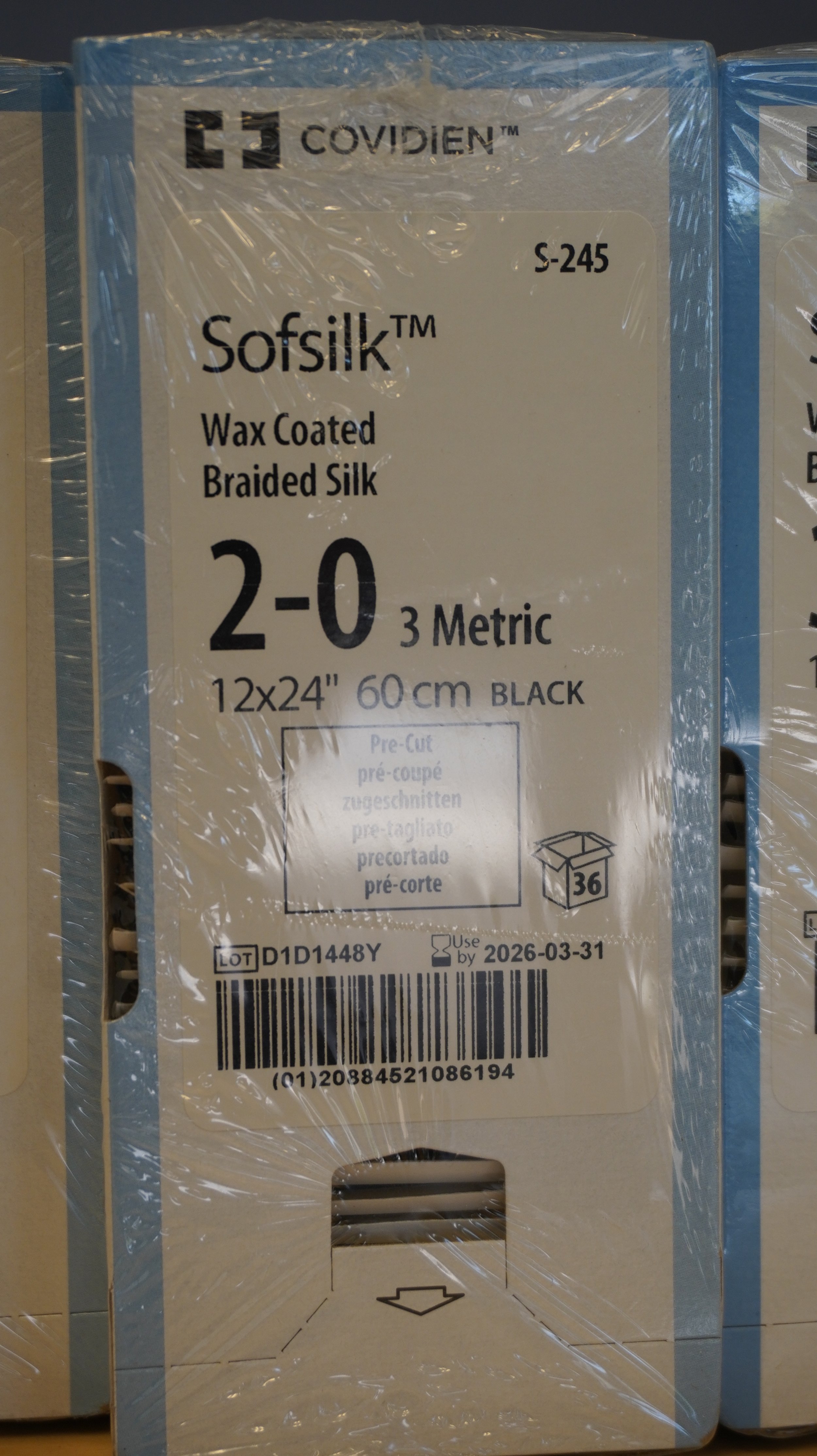 COVIDIEN | S-245 | PACK of 36/pc | Sofsilk Wax Coated Braided Silk 2-0 3 Metric 12x24" 60cm BLACK