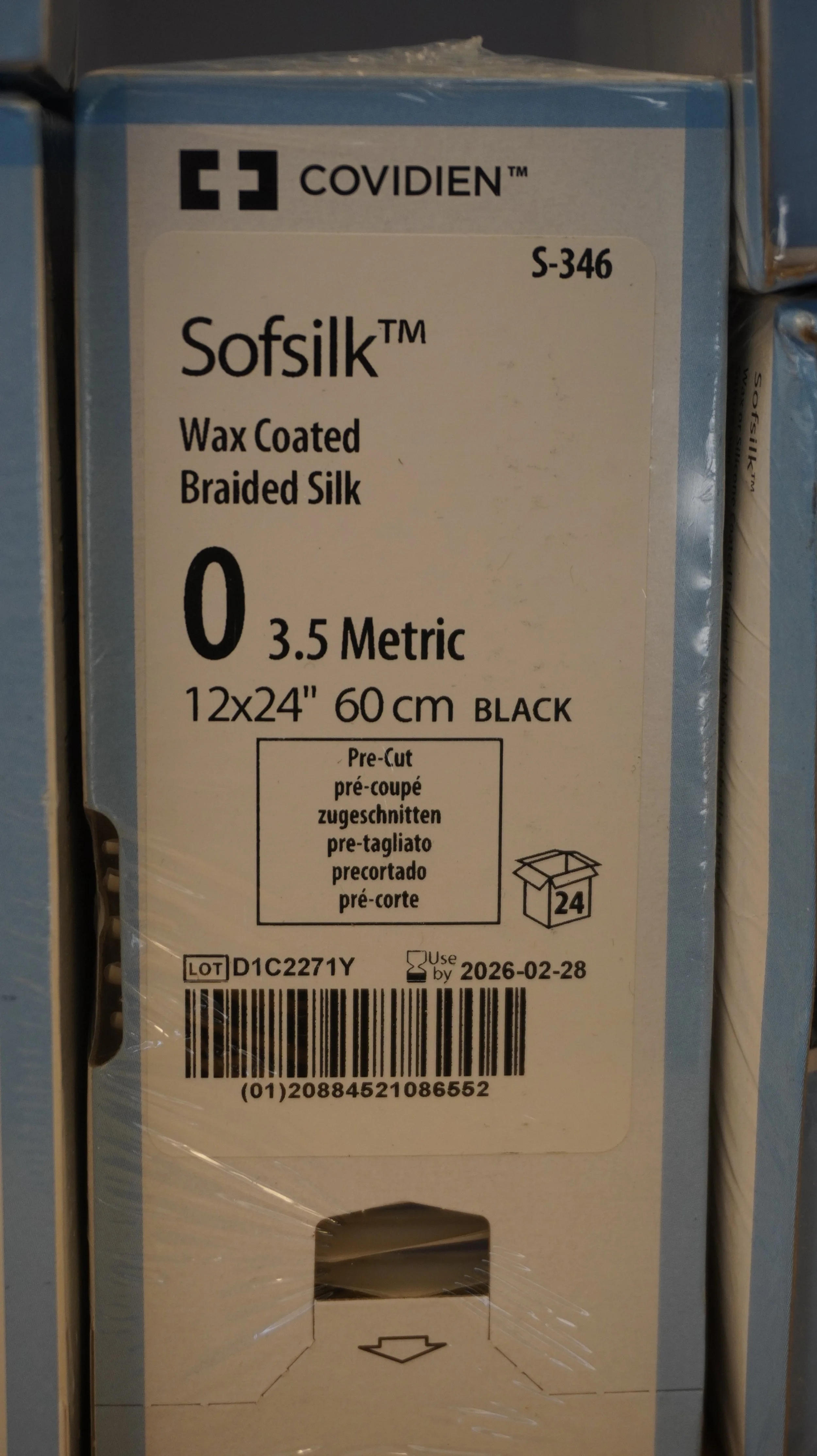 COVIDIEN | S-346 | PACK of 24/pc | Sofsilk Wax Coated Braided Silk 0 3.5 Metric 12x24" 60cm BLACK