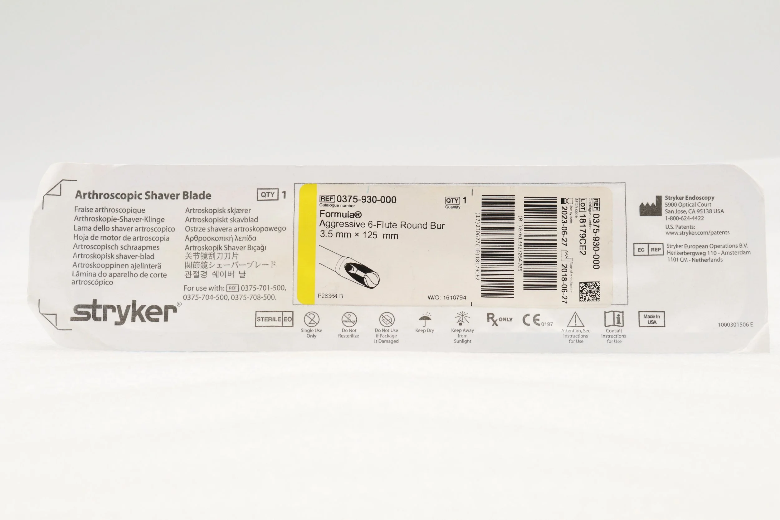 STRYKER | 0375-930-000 | EXPIRED | Arthroscopic Shaver Blade Formula Aggressive 6-Flute Round Bur 3.5mm x 125mm
