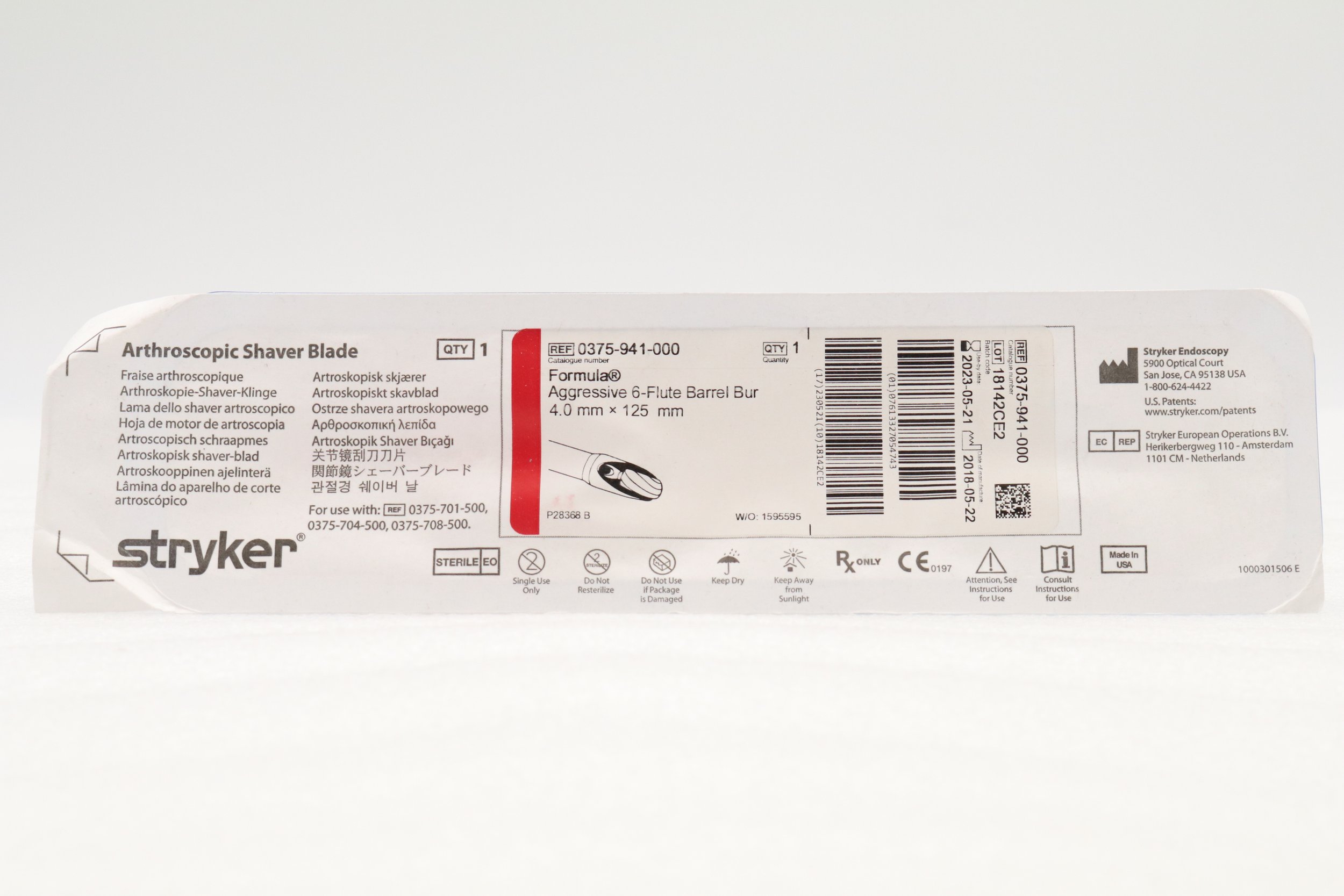STRYKER | 0375-941-000 | EXPIRED | Arthroscopic Shaver Blade Formula Aggressive 6-Flute Barrel Bur 4.0mm x 125mm