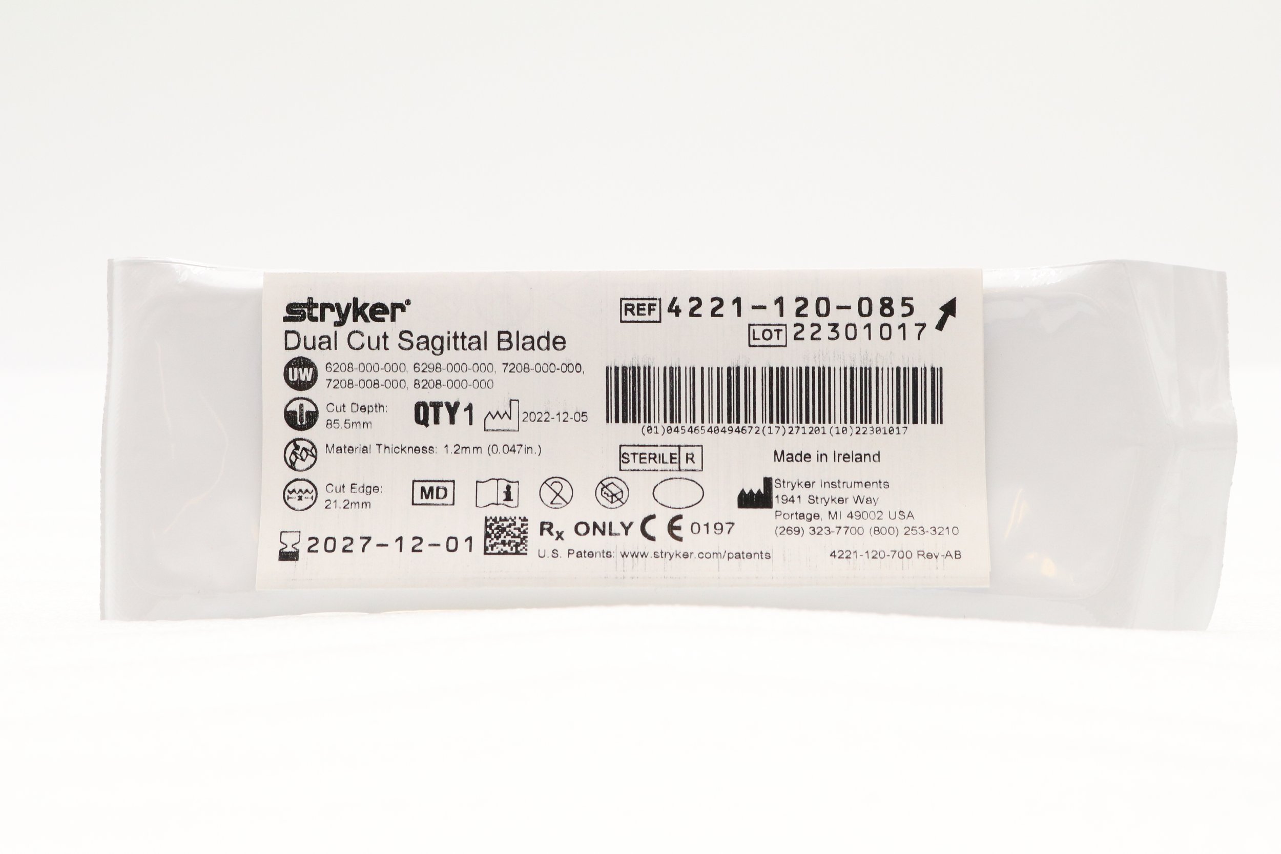 STRYKER | 4221-120-085 | IN-DATE | EACHES | DUAL-CUT SAGITTAL BLADE 21MM X 85.5MM X 1.20MM