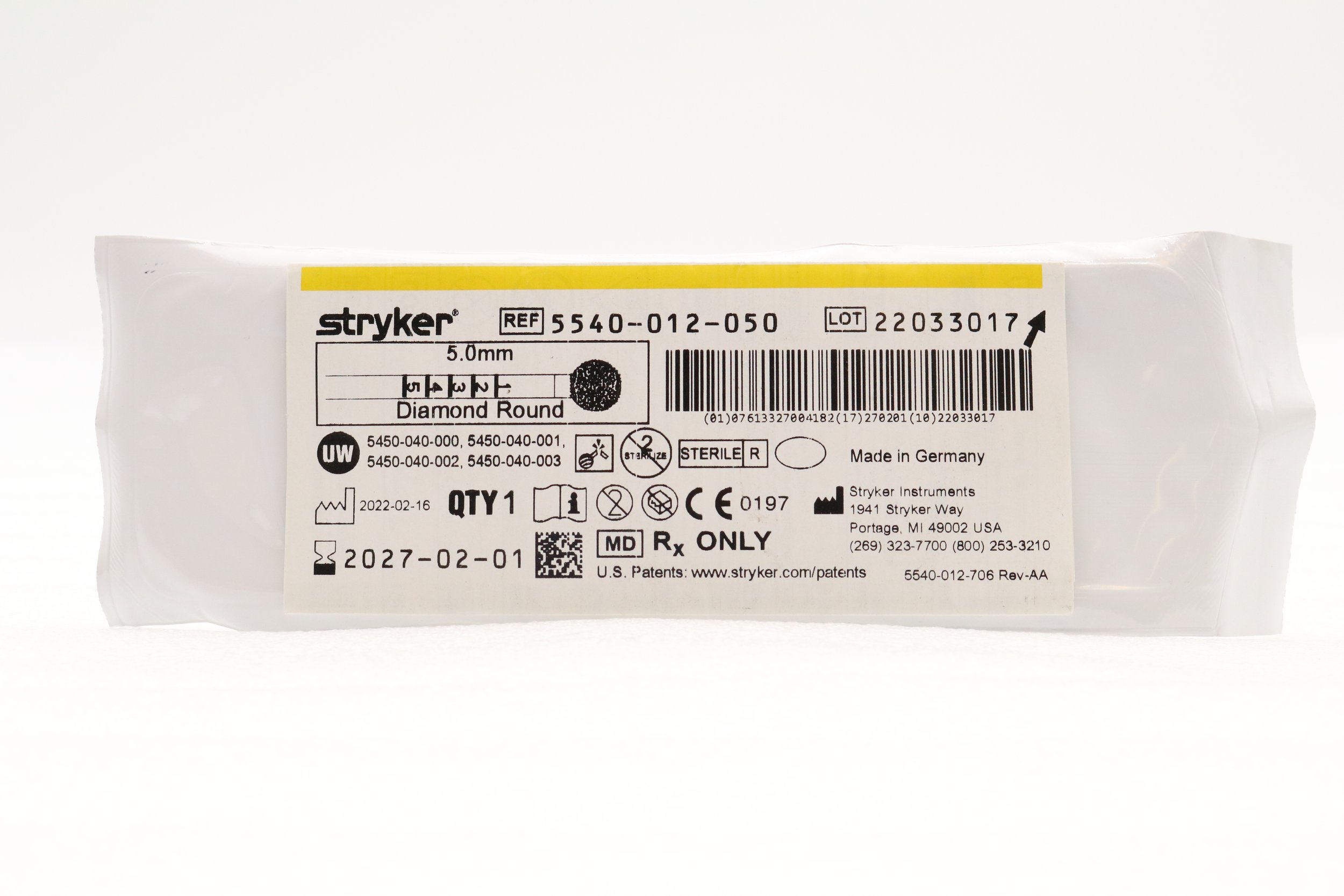 STRYKER | 5540-012-050 | IN-DATE | EACHES | S2 DIAMOND ROUND BUR 5.0MM