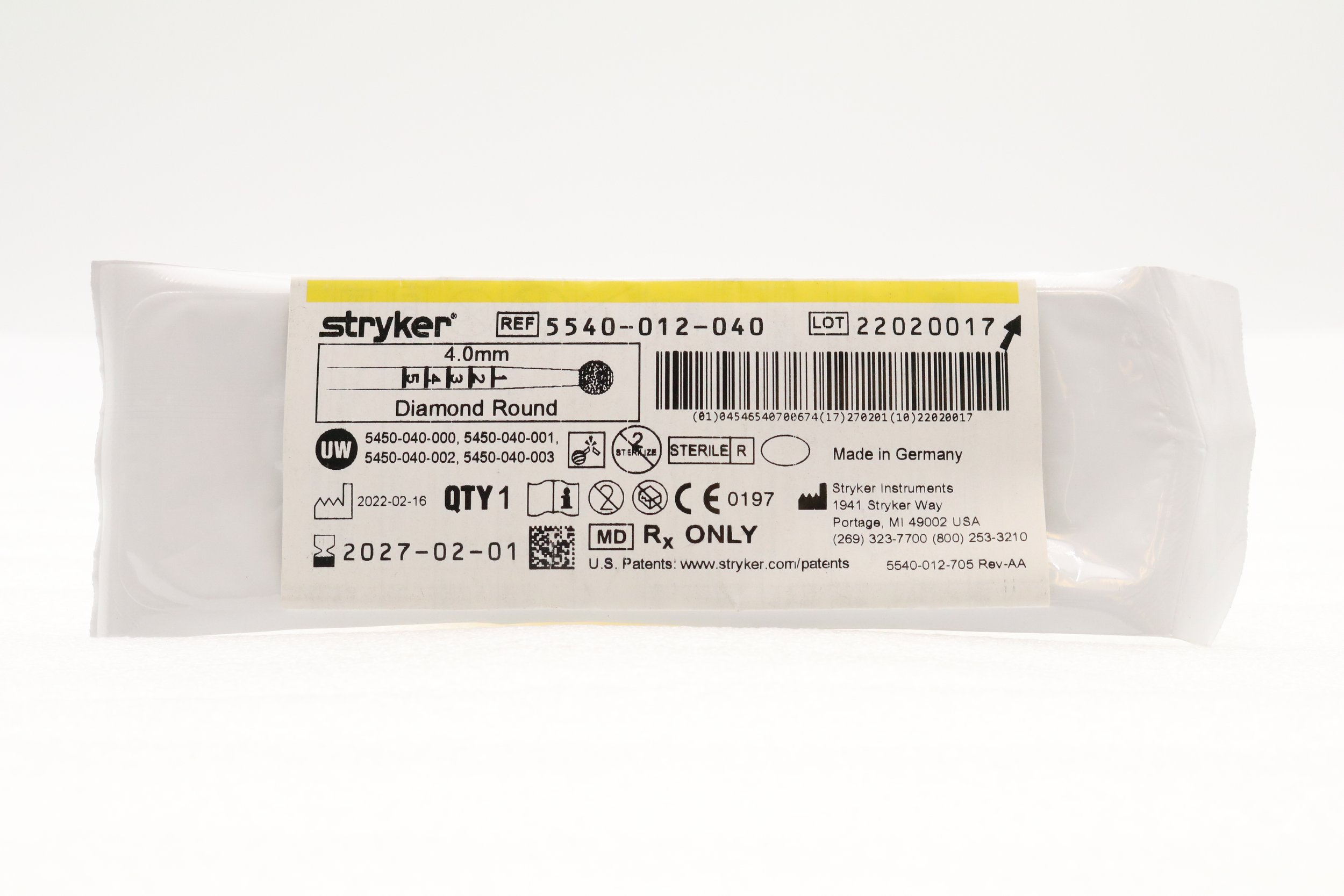 STRYKER | 5540-012-040 | IN-DATE | EACHES | S2 DIAMOND ROUND BUR 4.0MM