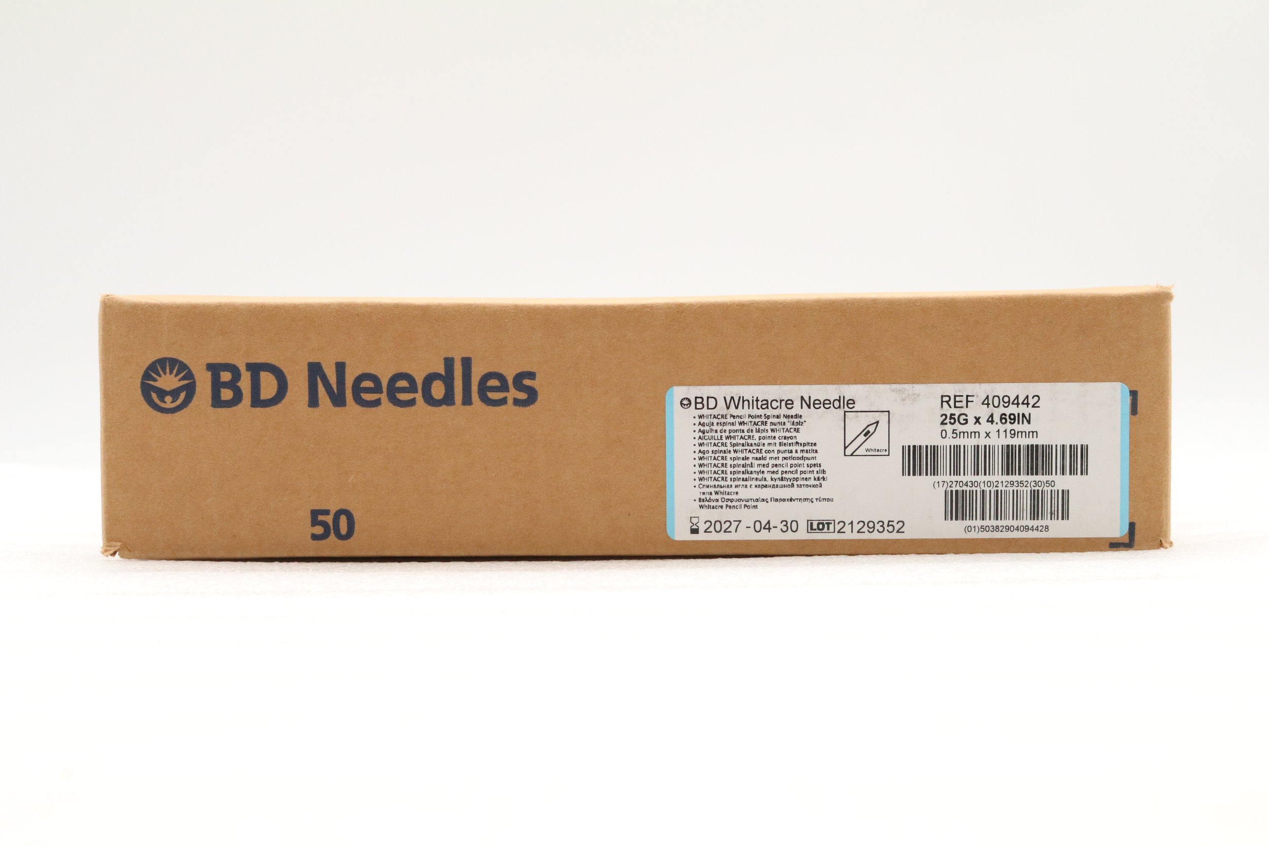 BD | 409442 | IN-DATE | CASE OF 50 | WHITACRE SPINAL NEEDLE, PENCIL POINT, BLUE HUB 25G X 4.69"