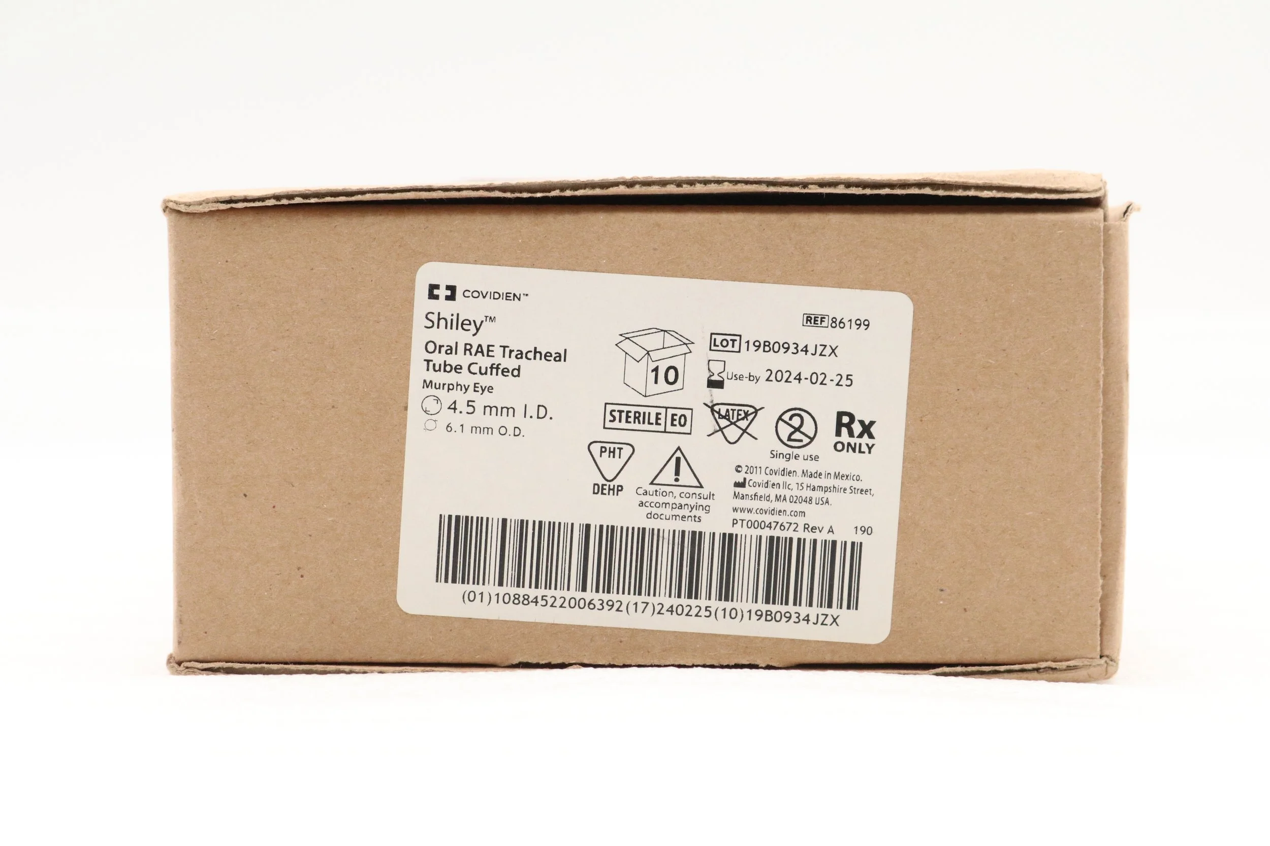 COVIDIEN | 86199 | EXPIRED | BOX OF 10 | SHILEY ORAL RAE ENDOTRACHEAL TUBE W/HI-LO CUFF, MURPHY EYE 4.5MM, PEDIATRIC