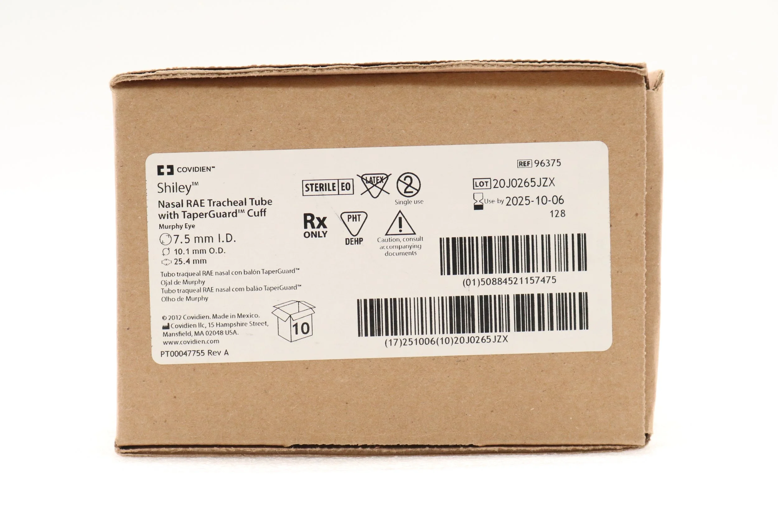 COVIDIEN | 96375 | IN-DATE | BOX OF 10 | SHILEY NASAL RAE ENDOTRACHEAL TUBE W/TAPERGUARD CUFF 7.5MM