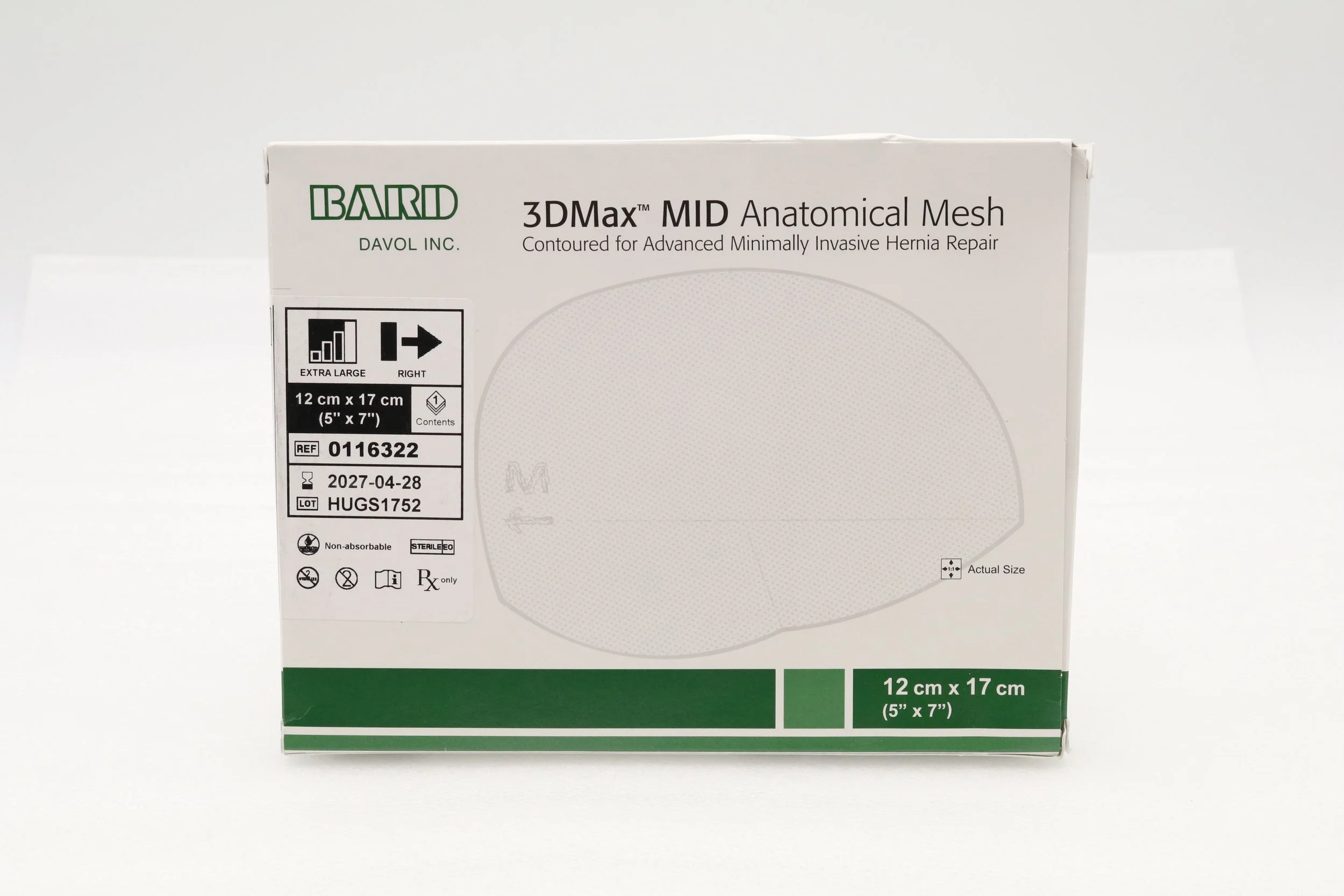 BARD | 0116322 | IN-DATE | EACHES | 3DMAX MID ANATOMICAL MESH: EXTRA-LARGE, RIGHT 5" X 7"