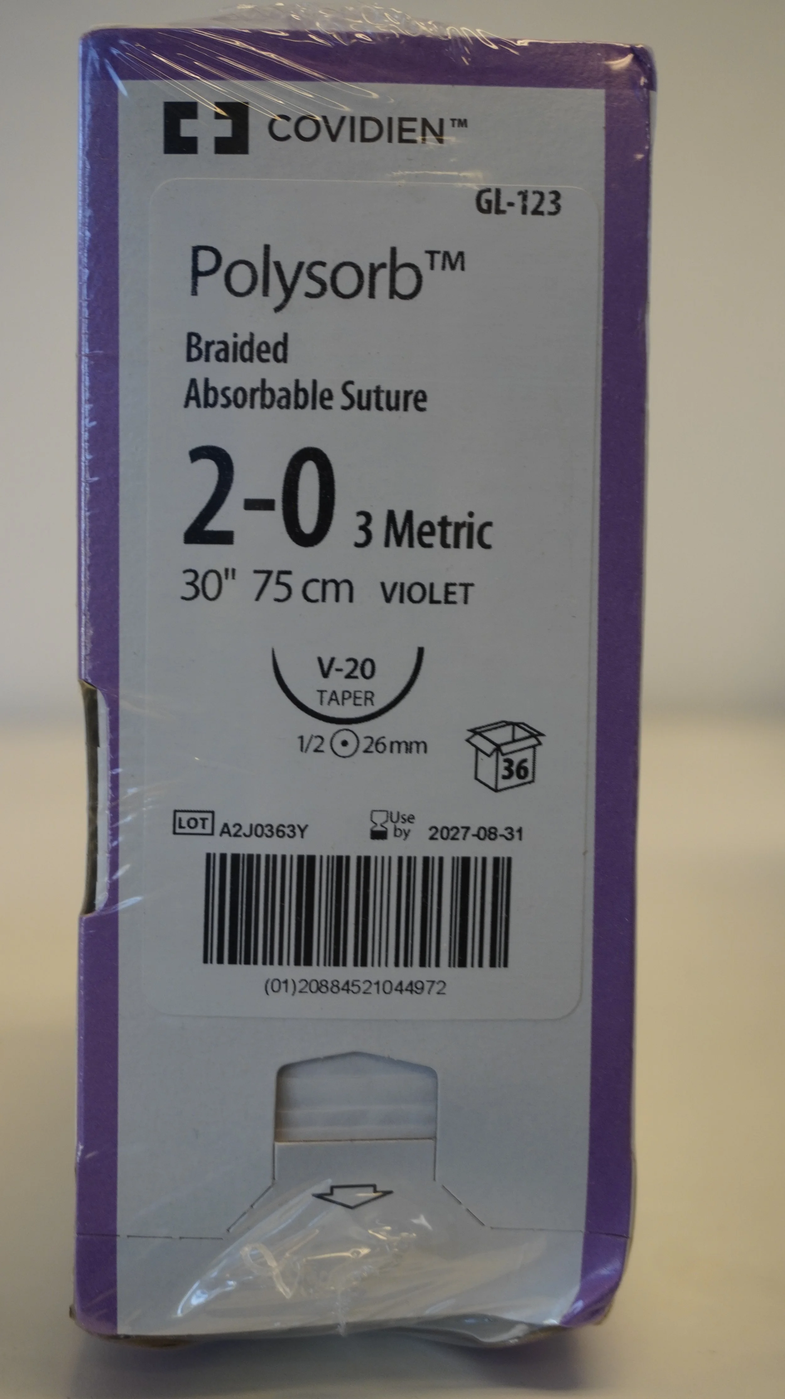 COVIDIEN | GL-123 | PACK of 36/pc | Polysorb Braided Absorbable Suture 2-0 3 Metric 30" 75cm VIOLET