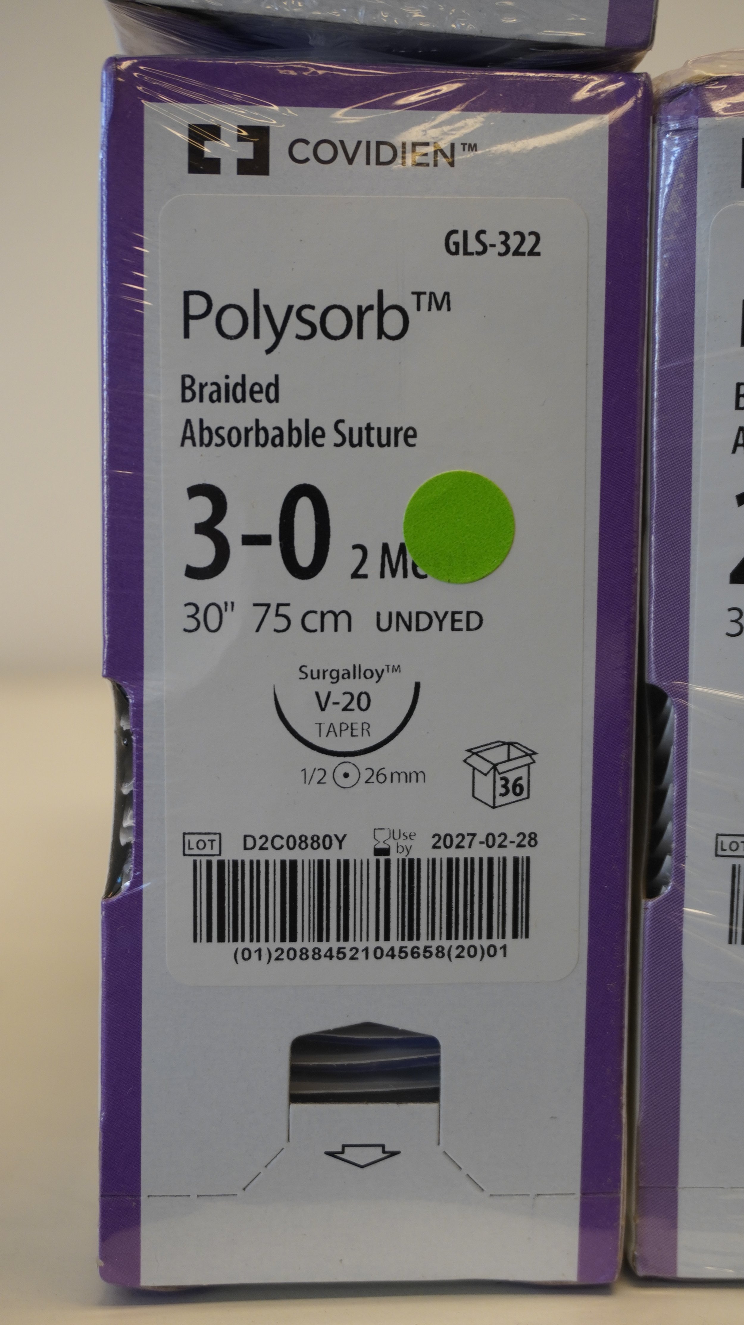 COVIDIEN | GLS-322 | PACK of 36/pc | Polysorb Braided Absorbable Suture 3-0 2 Metric 30" 75cm UNDYED